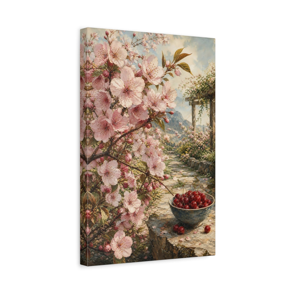 Side Mockup 4. Floral Cherry Blossoms Pink Cherry Blossom shown as stretched canvas wall art