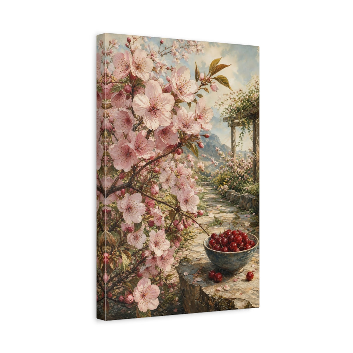 Side Mockup 4. Floral Cherry Blossoms Pink Cherry Blossom shown as stretched canvas wall art