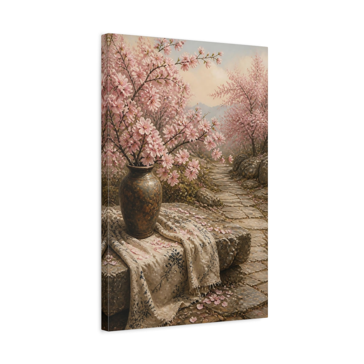 Side Mockup 3. Floral Cherry Blossoms Pink Cherry Blossoms shown as stretched canvas wall art