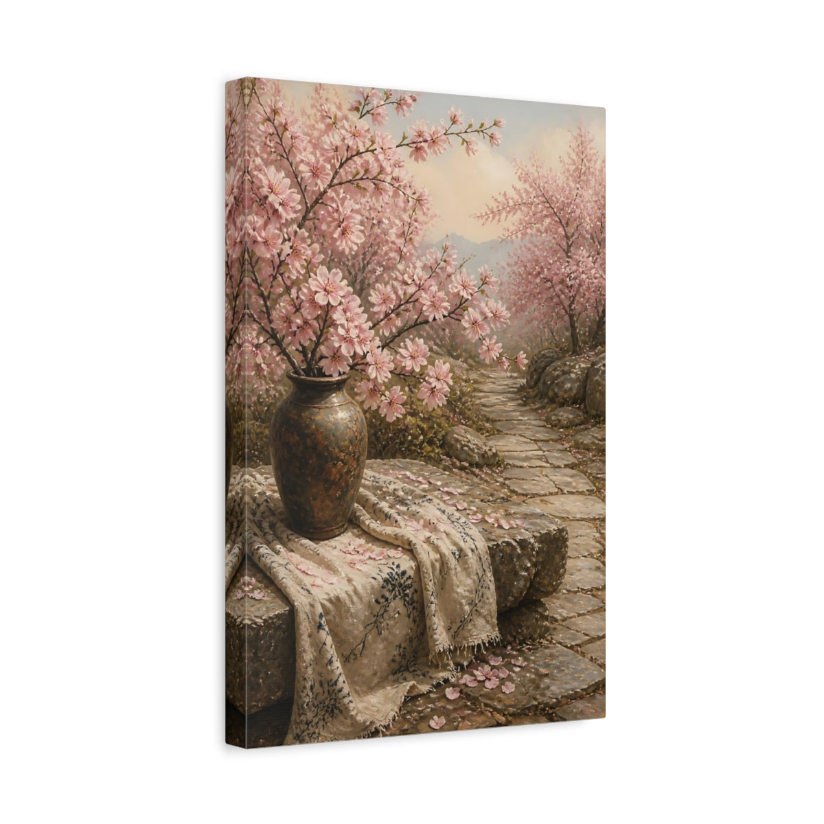 Side Mockup 4. Floral Cherry Blossoms Pink Cherry Blossoms shown as stretched canvas wall art