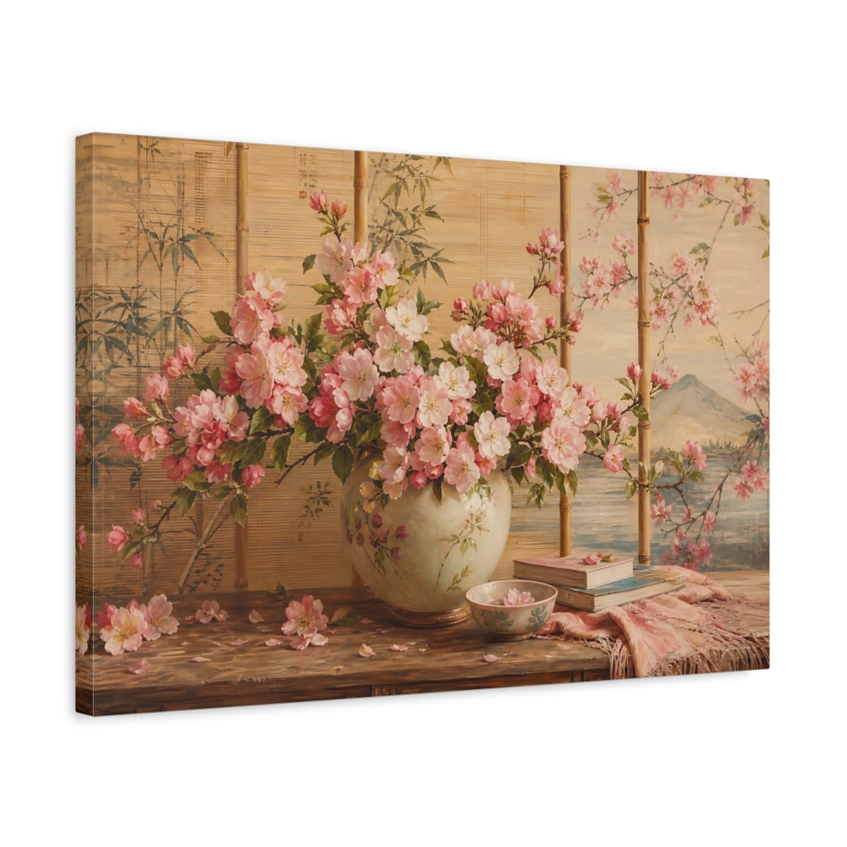 Side Mockup 3. Floral Cherry Blossoms Pink Floral shown as stretched canvas wall art
