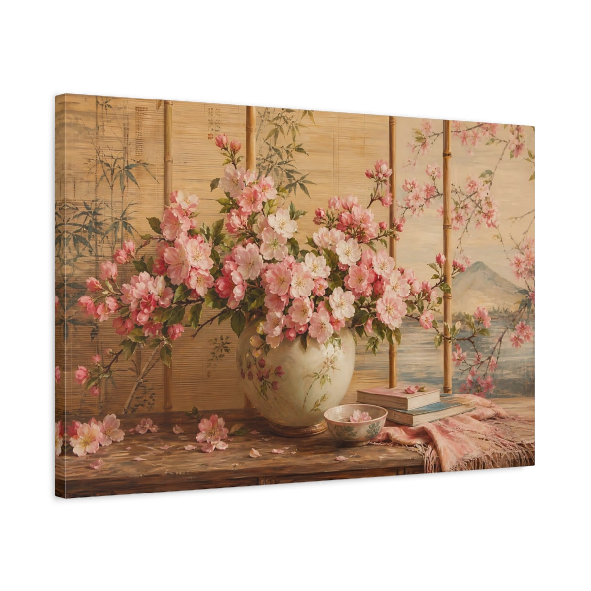 Side Mockup 2. Floral Cherry Blossoms Pink Floral shown as stretched canvas wall art