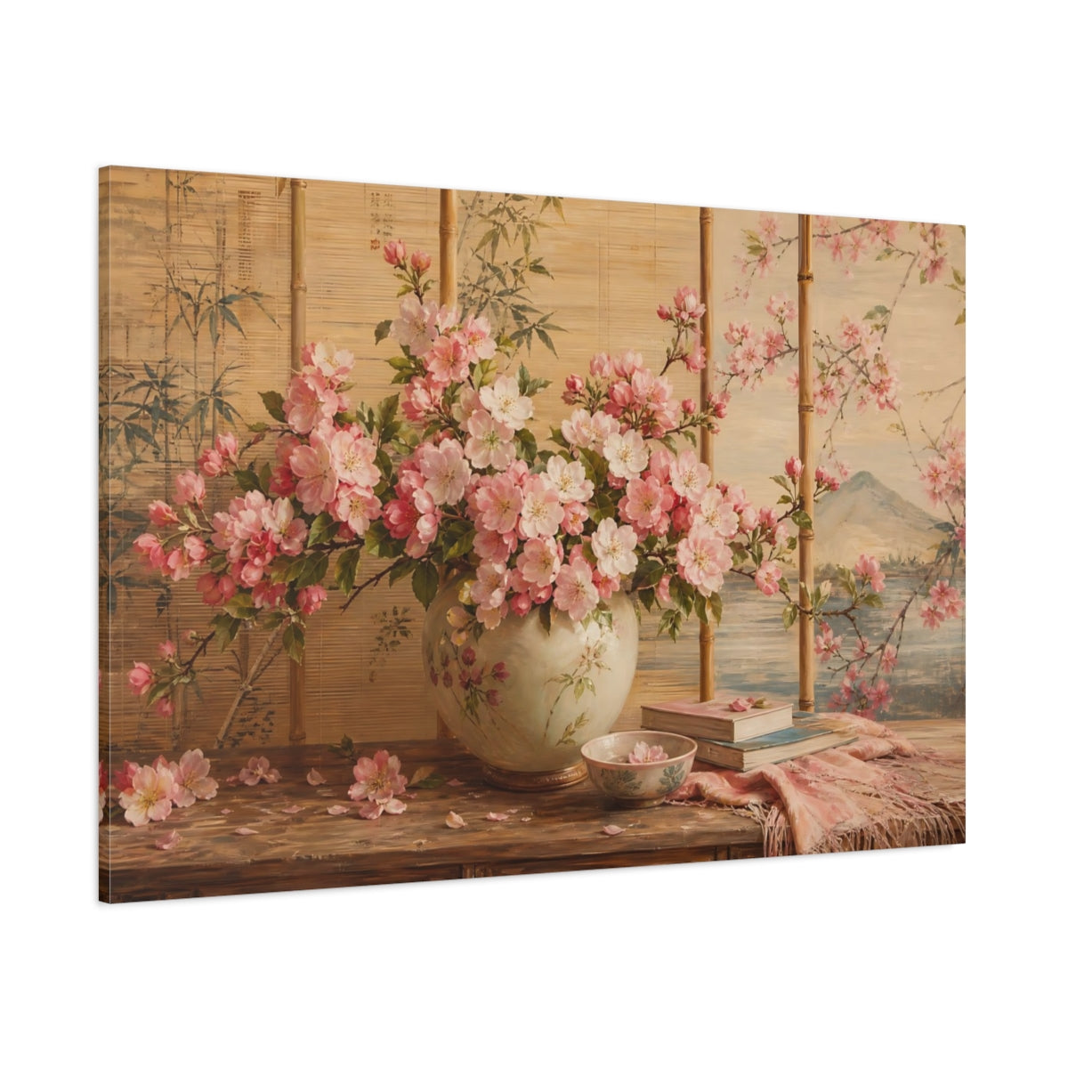Side Mockup 1. Floral Cherry Blossoms Pink Floral shown as stretched canvas wall art
