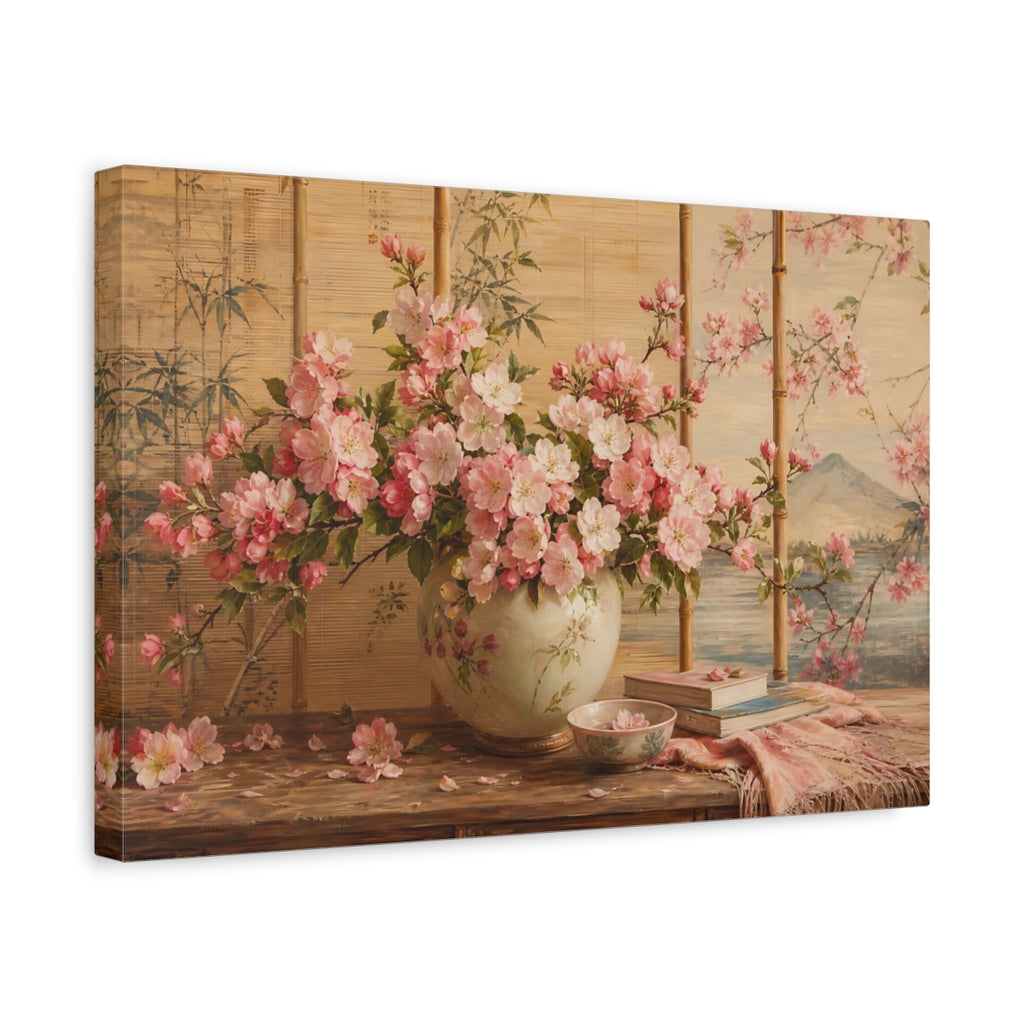 Side Mockup 4. Floral Cherry Blossoms Pink Floral shown as stretched canvas wall art