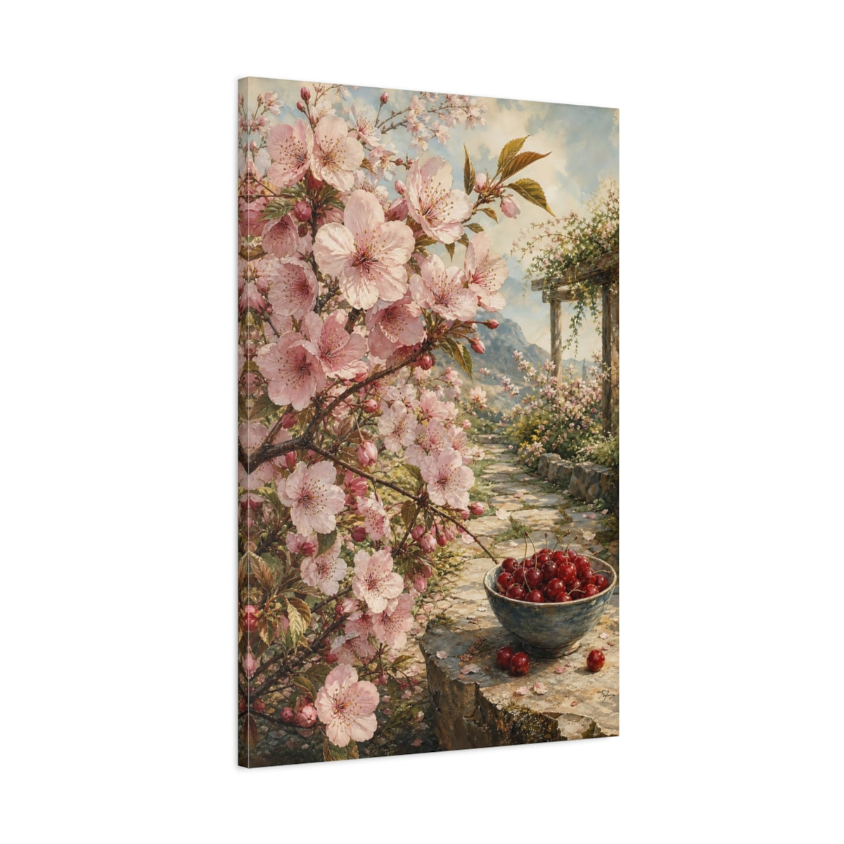 Main Mockup. Floral Cherry Blossoms Pink Cherry Blossom shown as stretched canvas wall art