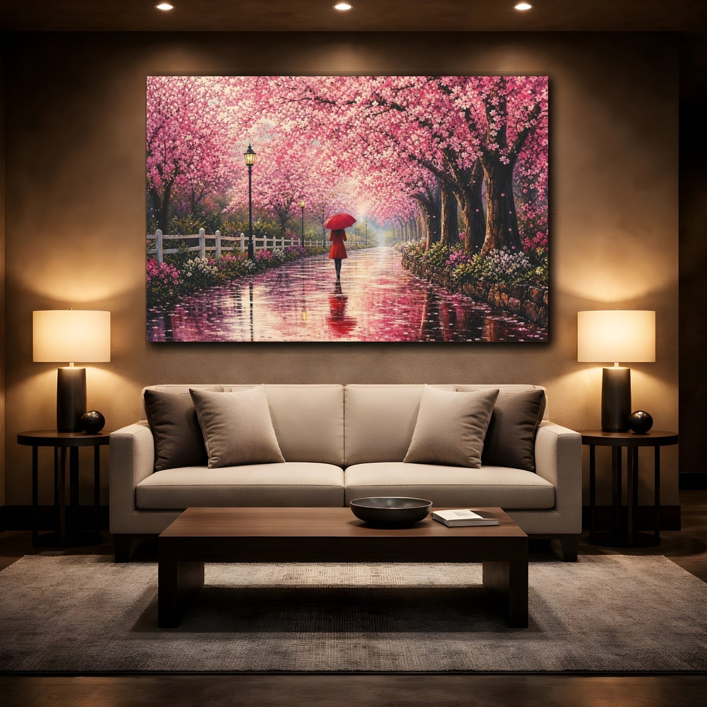 Mockup 2. Floral Cherry Blossoms Pink Cherry Blossom shown as stretched canvas wall art