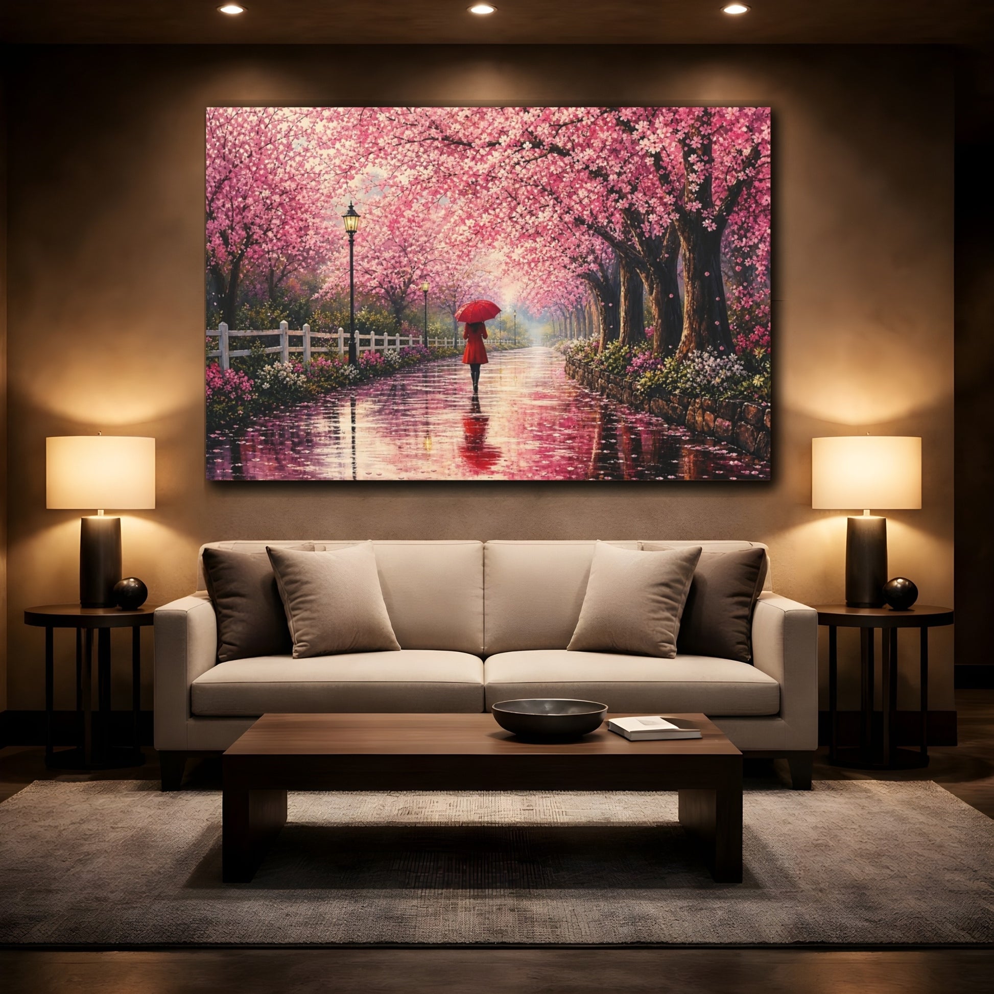Mockup 2. Floral Cherry Blossoms Pink Cherry Blossom shown as stretched canvas wall art