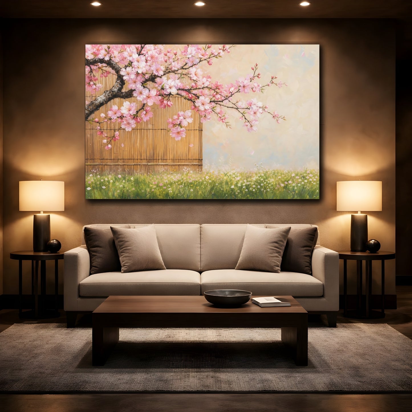 Mockup 2. Floral Cherry Blossoms Pink Cherry Blossom shown as stretched canvas wall art