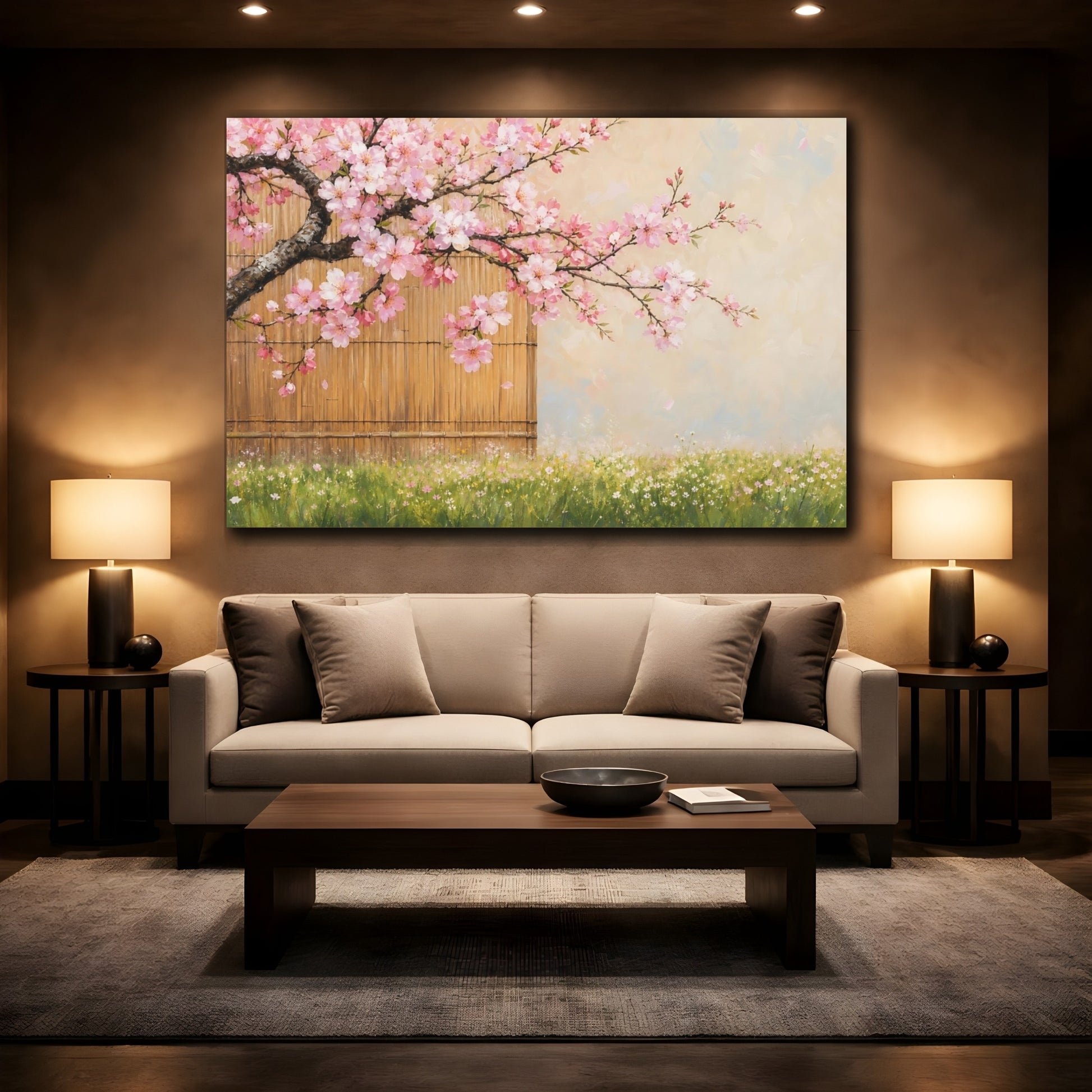 Mockup 2. Floral Cherry Blossoms Pink Cherry Blossom shown as stretched canvas wall art
