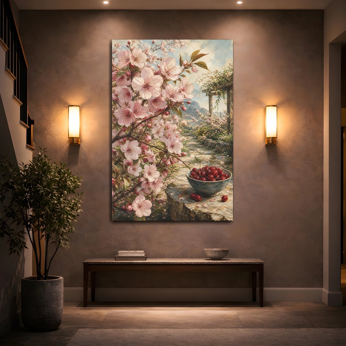 Mockup 2. Floral Cherry Blossoms Pink Cherry Blossom shown as stretched canvas wall art