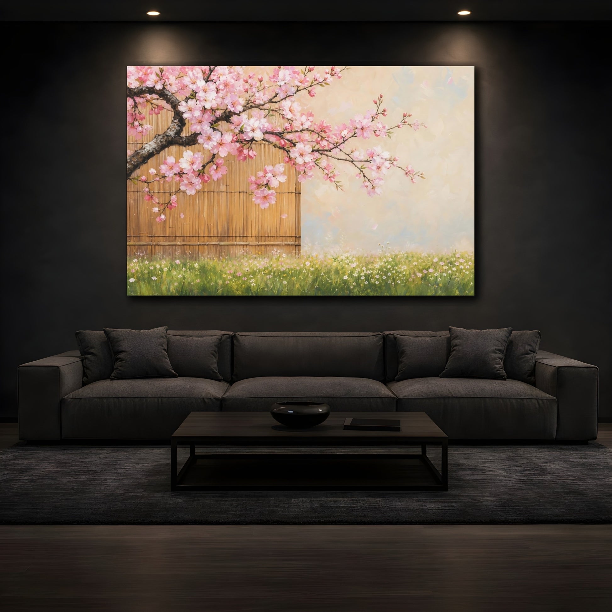 Mockup 3. Floral Cherry Blossoms Pink Cherry Blossom shown as stretched canvas wall art