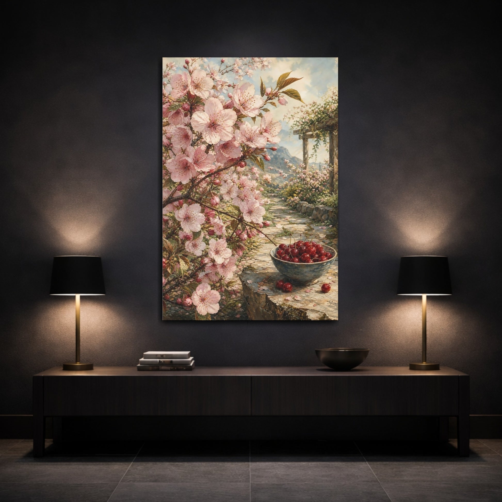 Mockup 3. Floral Cherry Blossoms Pink Cherry Blossom shown as stretched canvas wall art