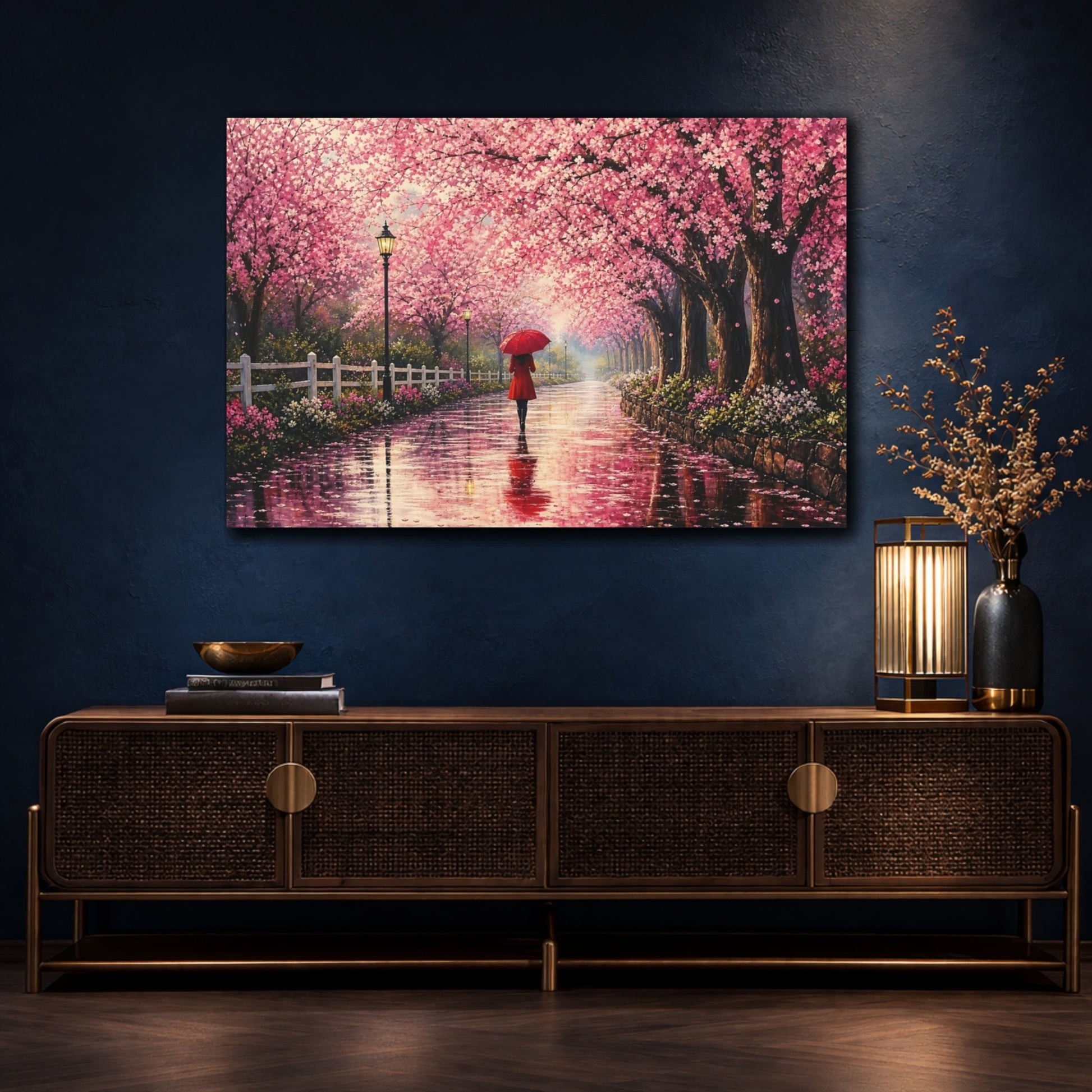 Mockup 4. Floral Cherry Blossoms Pink Cherry Blossom shown as stretched canvas wall art