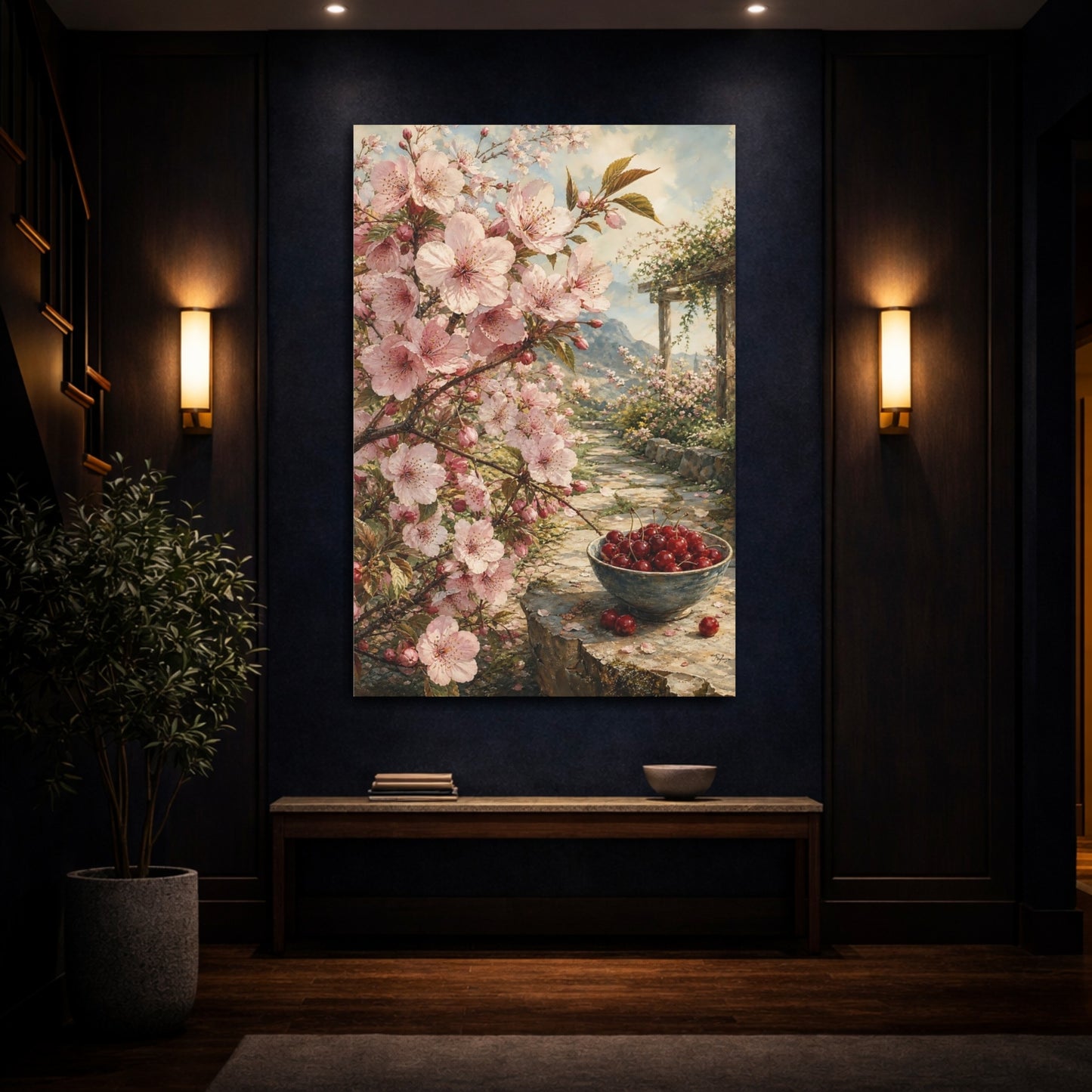 Mockup 4. Floral Cherry Blossoms Pink Cherry Blossom shown as stretched canvas wall art