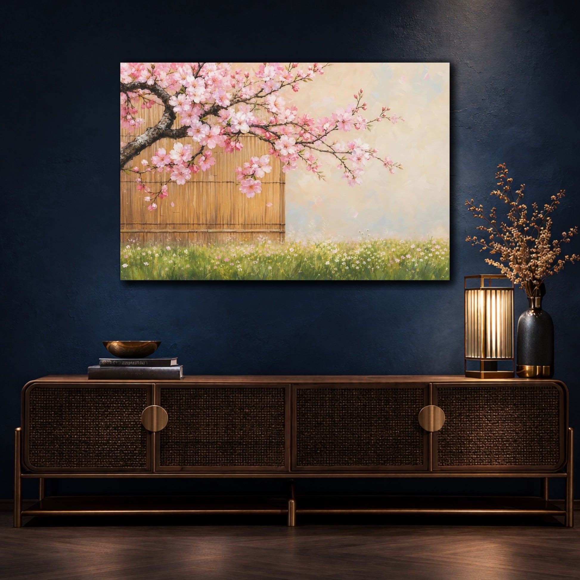 Mockup 4. Floral Cherry Blossoms Pink Cherry Blossom shown as stretched canvas wall art