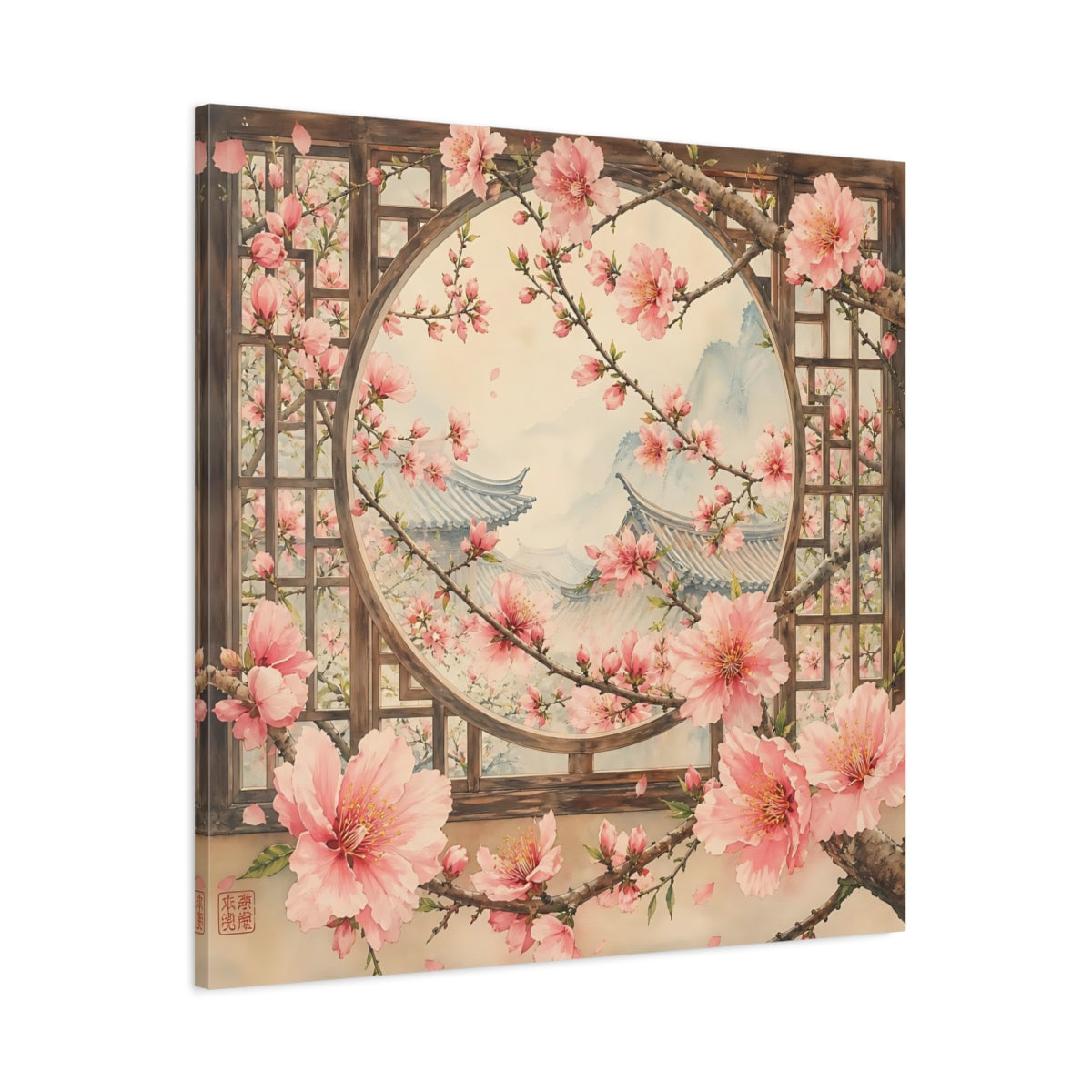 Main Mockup. Floral Cherry Blossoms Pink Cherry Blossoms shown as stretched canvas wall art