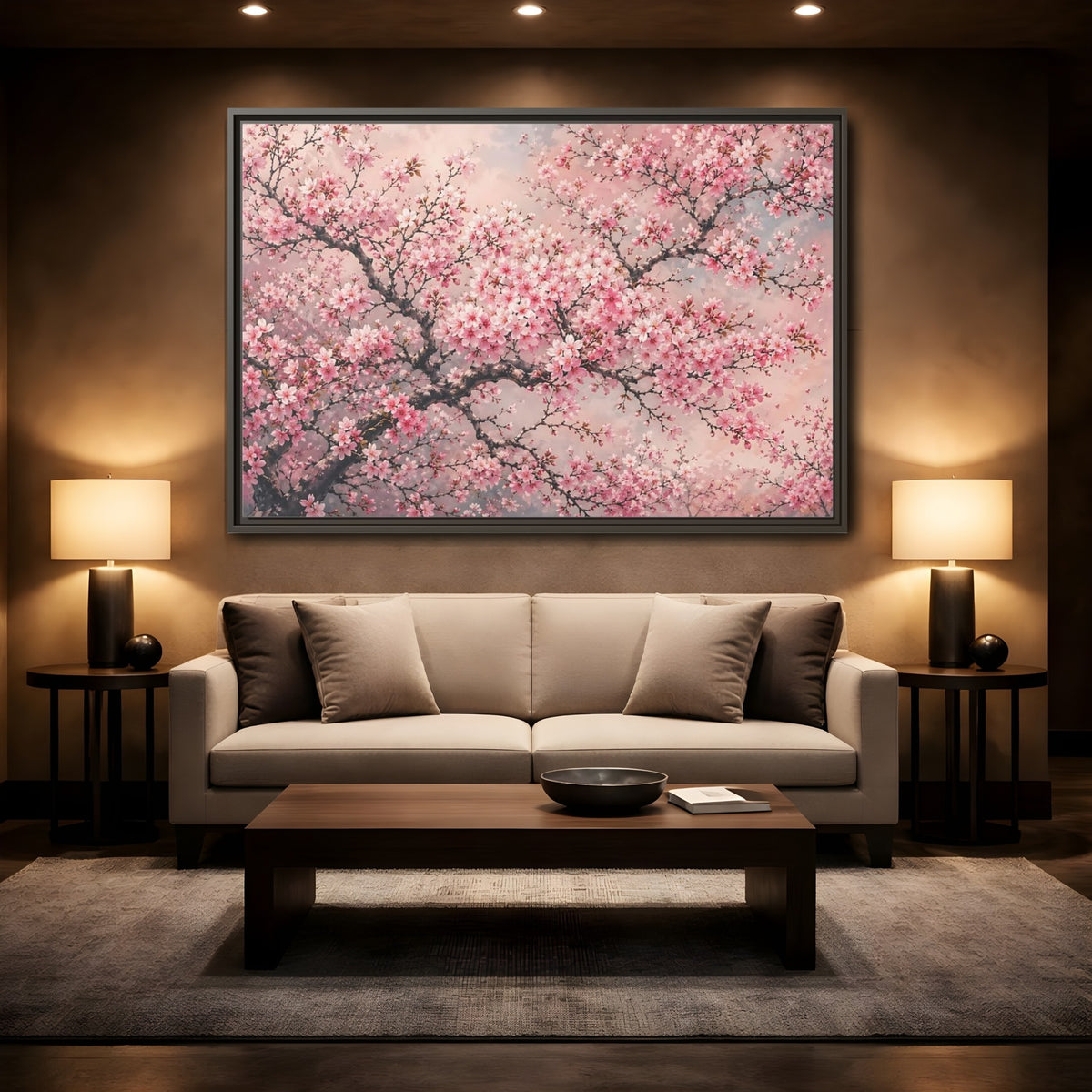 Mockup 2. Floral Cherry Blossoms Pink Cherry Blossoms shown as stretched canvas wall art