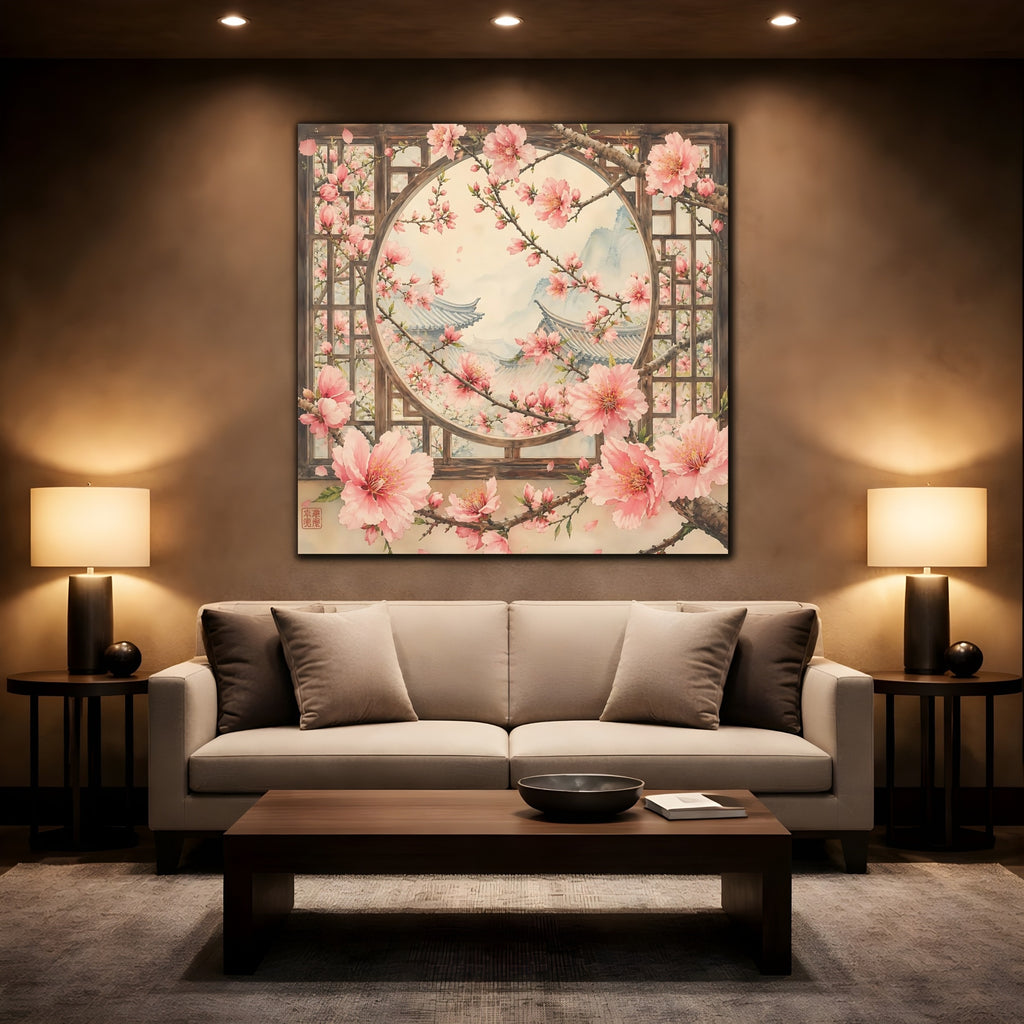Mockup 2. Floral Cherry Blossoms Pink Cherry Blossoms shown as stretched canvas wall art