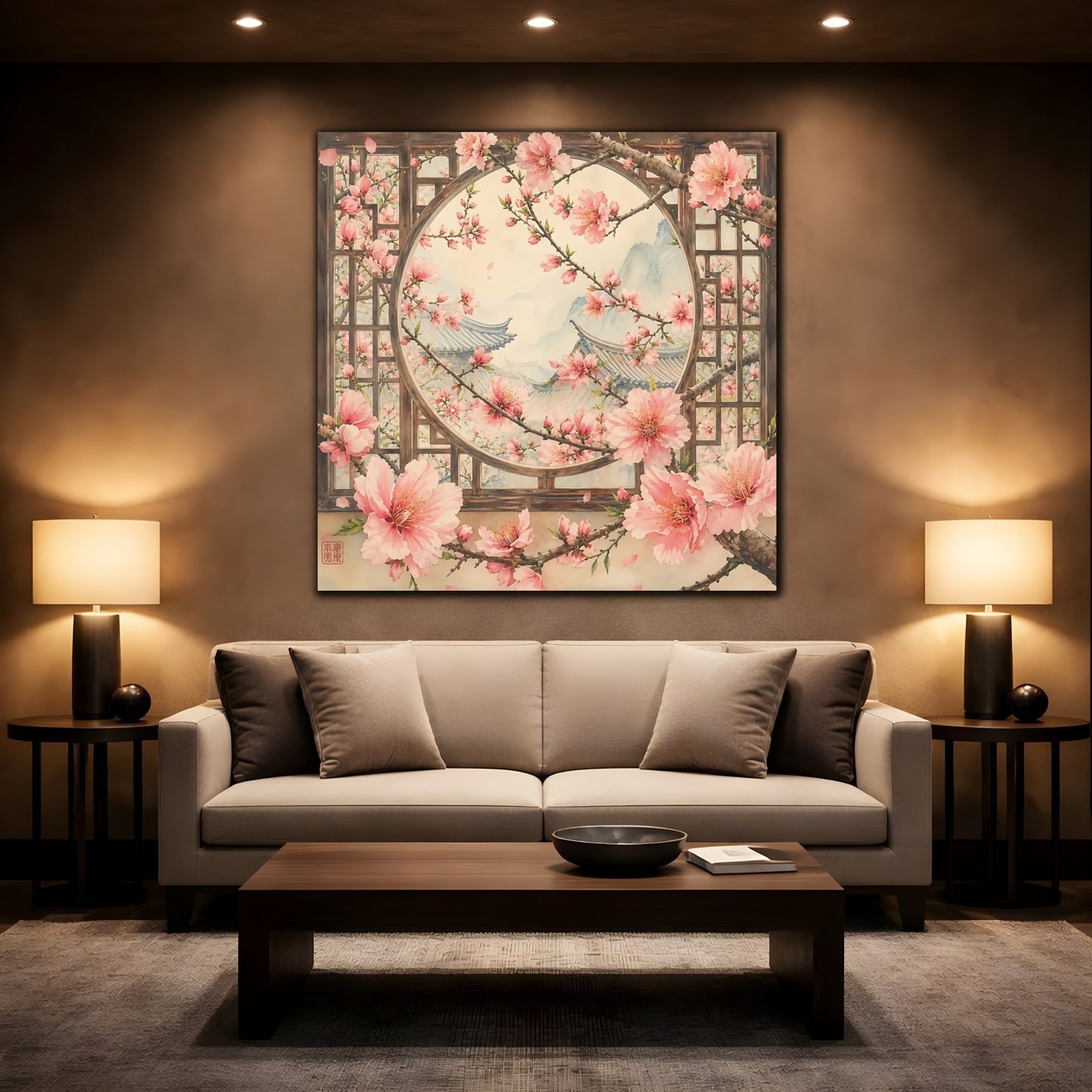 Mockup 2. Floral Cherry Blossoms Pink Cherry Blossoms shown as stretched canvas wall art