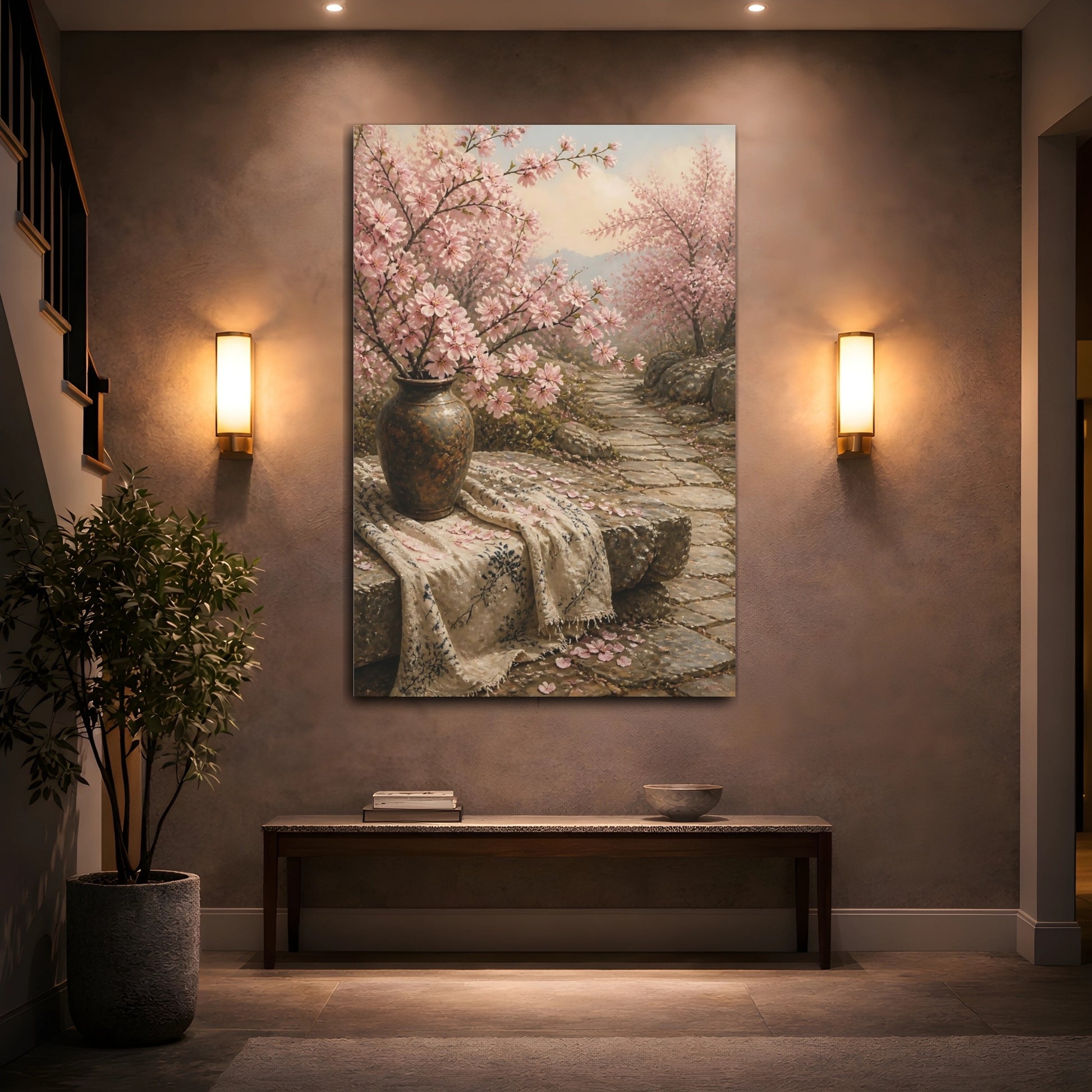 Mockup 2. Floral Cherry Blossoms Pink Cherry Blossoms shown as stretched canvas wall art