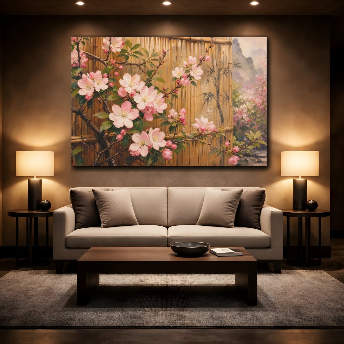 Mockup 2. Floral Cherry Blossoms Pink Cherry Blossoms shown as stretched canvas wall art