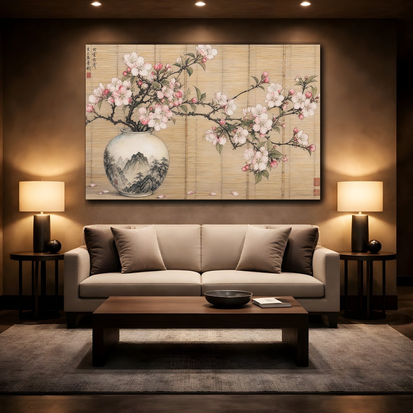 Mockup 2. Floral Cherry Blossoms Pink Cherry Blossoms shown as stretched canvas wall art