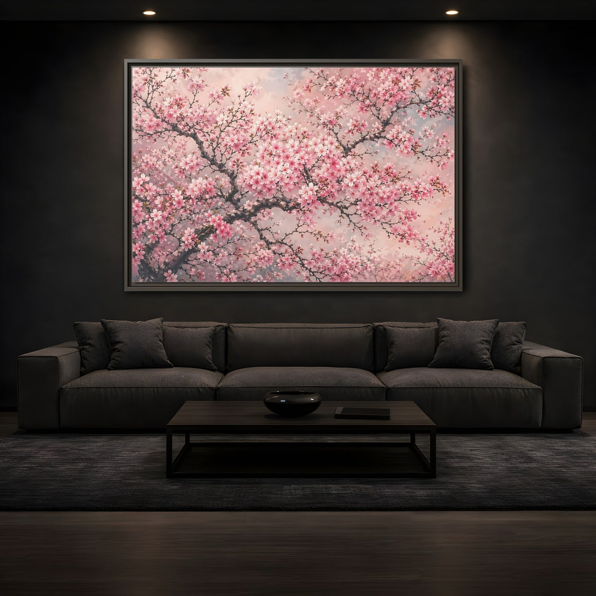 Mockup 3. Floral Cherry Blossoms Pink Cherry Blossoms shown as stretched canvas wall art