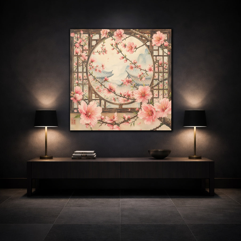 Mockup 3. Floral Cherry Blossoms Pink Cherry Blossoms shown as stretched canvas wall art