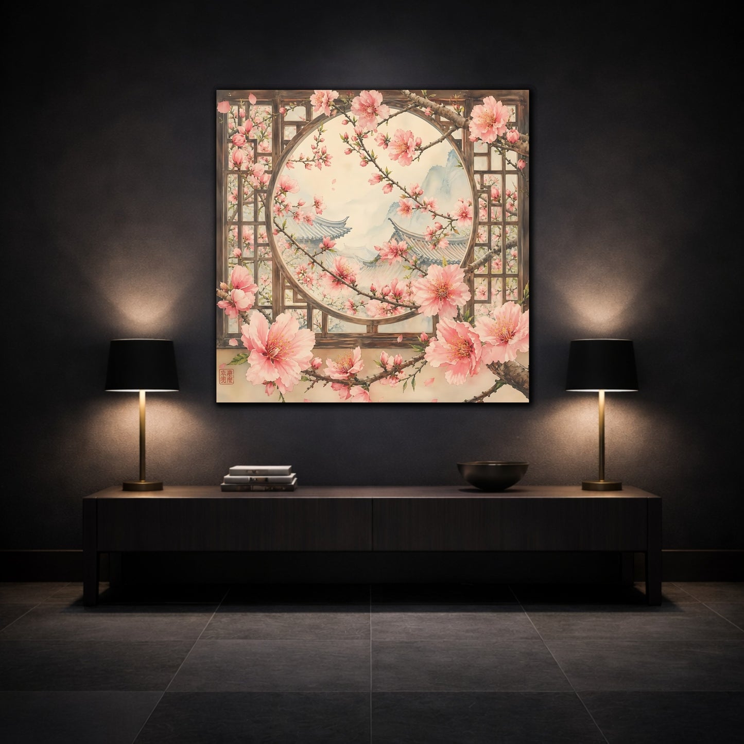 Mockup 3. Floral Cherry Blossoms Pink Cherry Blossoms shown as stretched canvas wall art