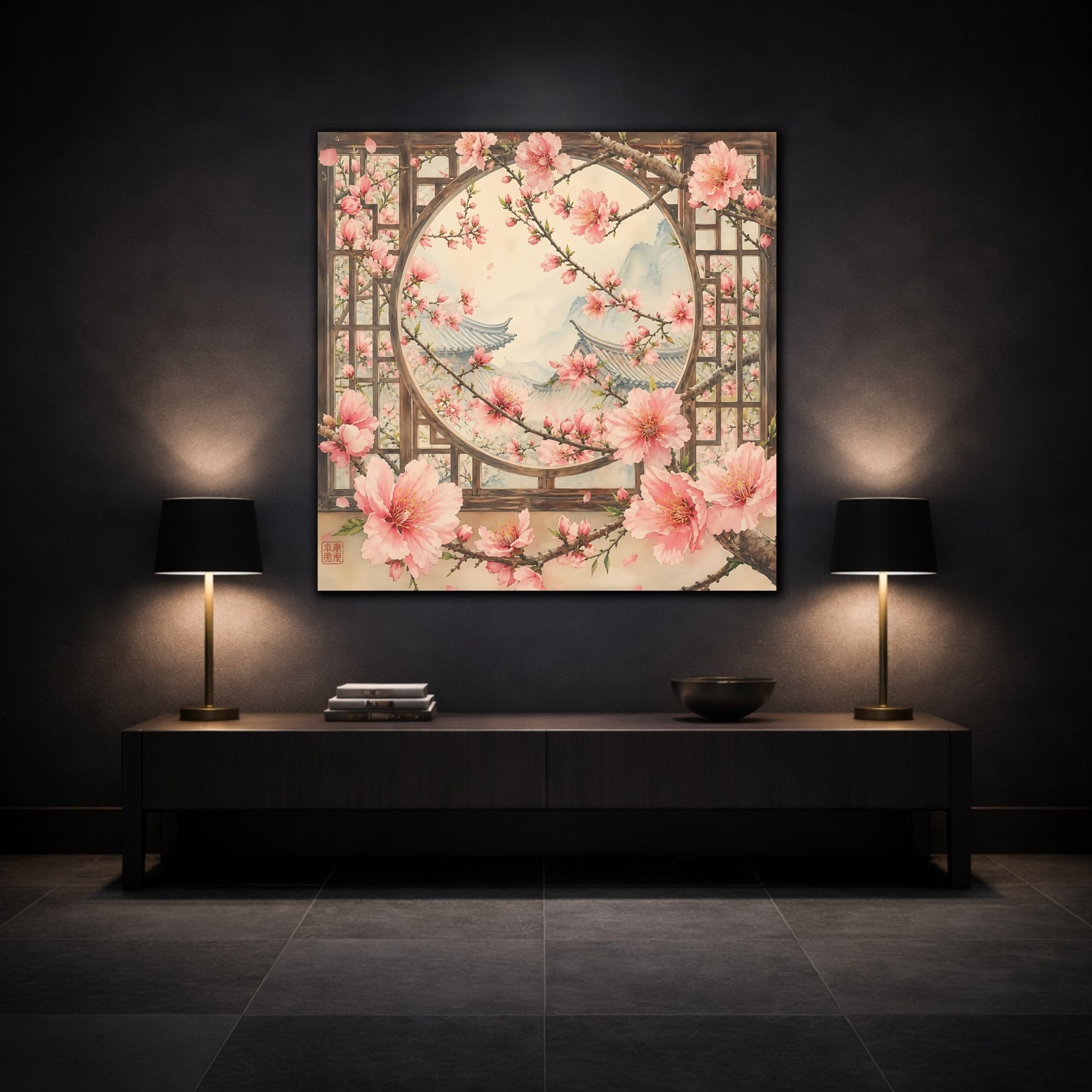 Mockup 3. Floral Cherry Blossoms Pink Cherry Blossoms shown as stretched canvas wall art