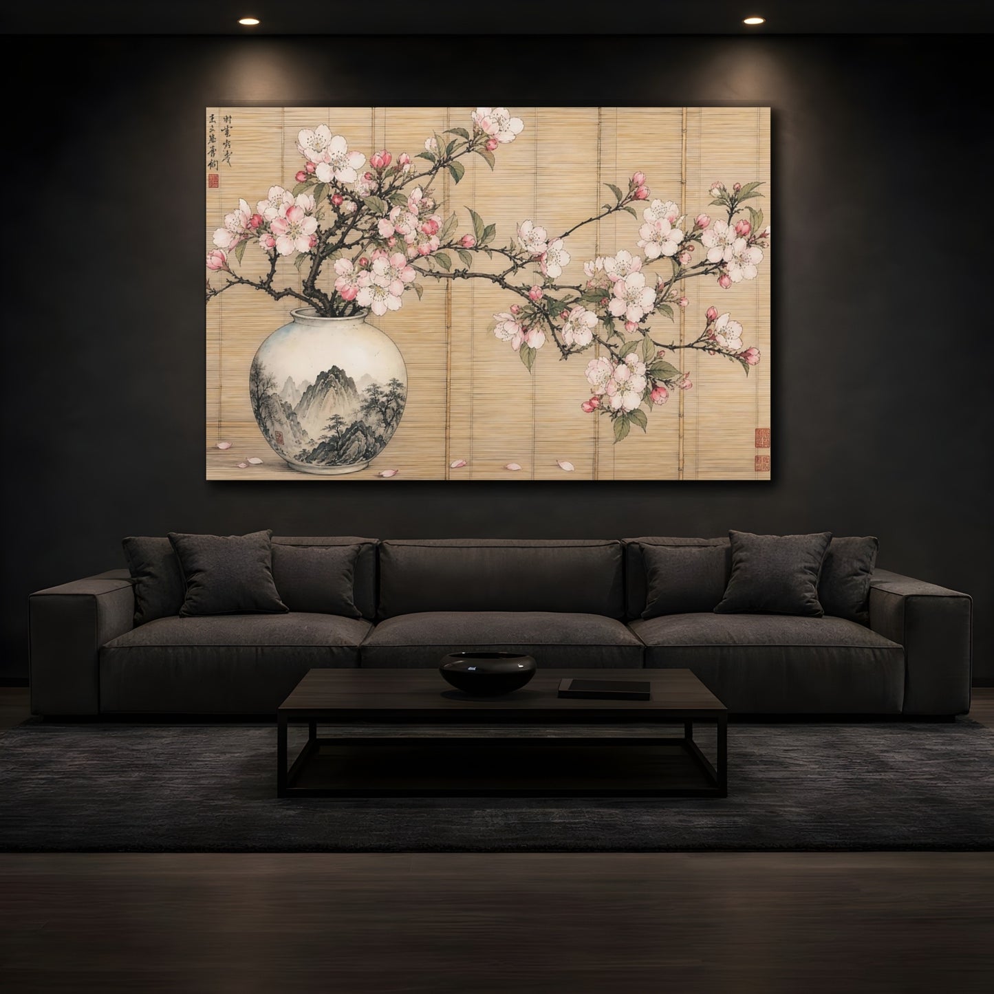 Mockup 3. Floral Cherry Blossoms Pink Cherry Blossoms shown as stretched canvas wall art