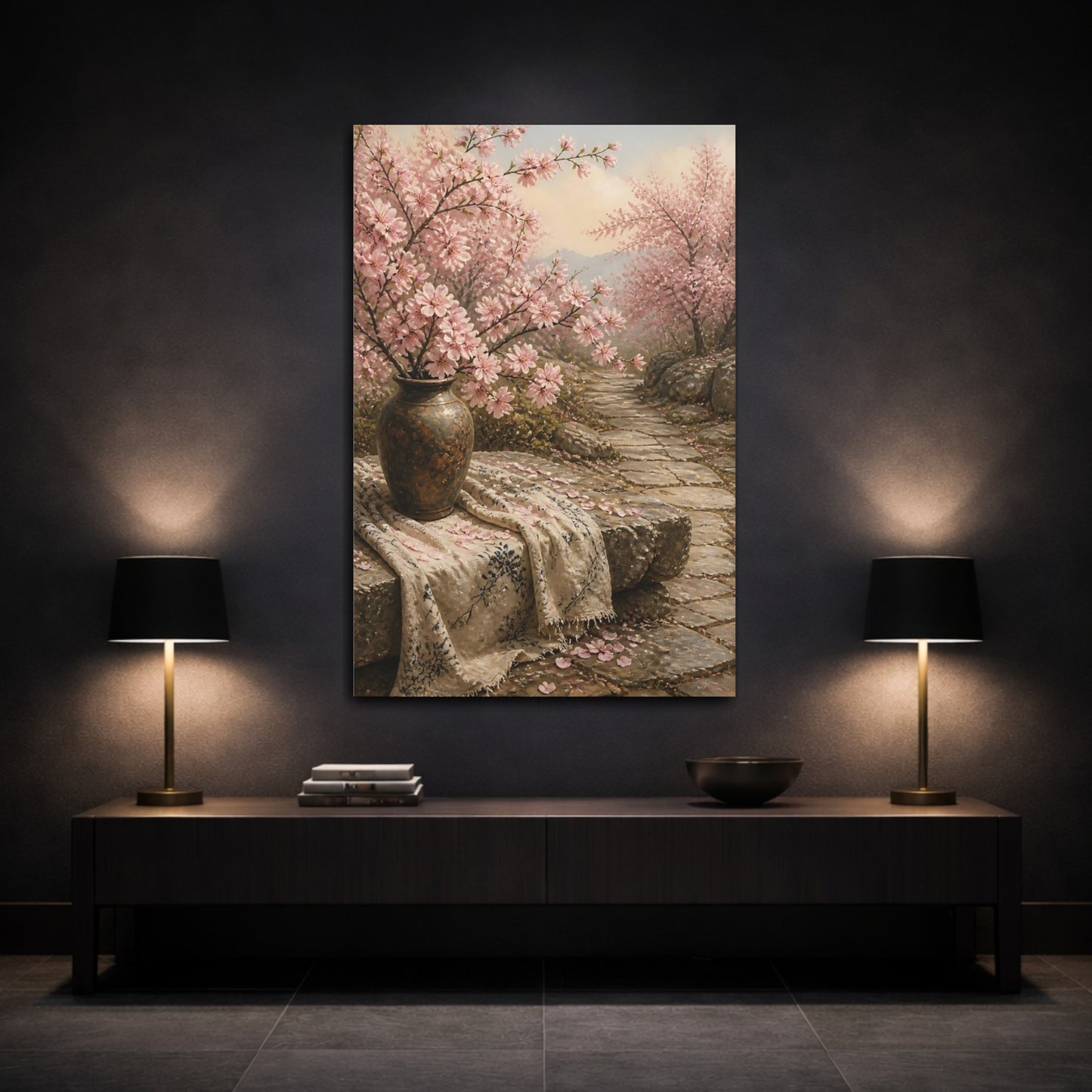 Mockup 3. Floral Cherry Blossoms Pink Cherry Blossoms shown as stretched canvas wall art