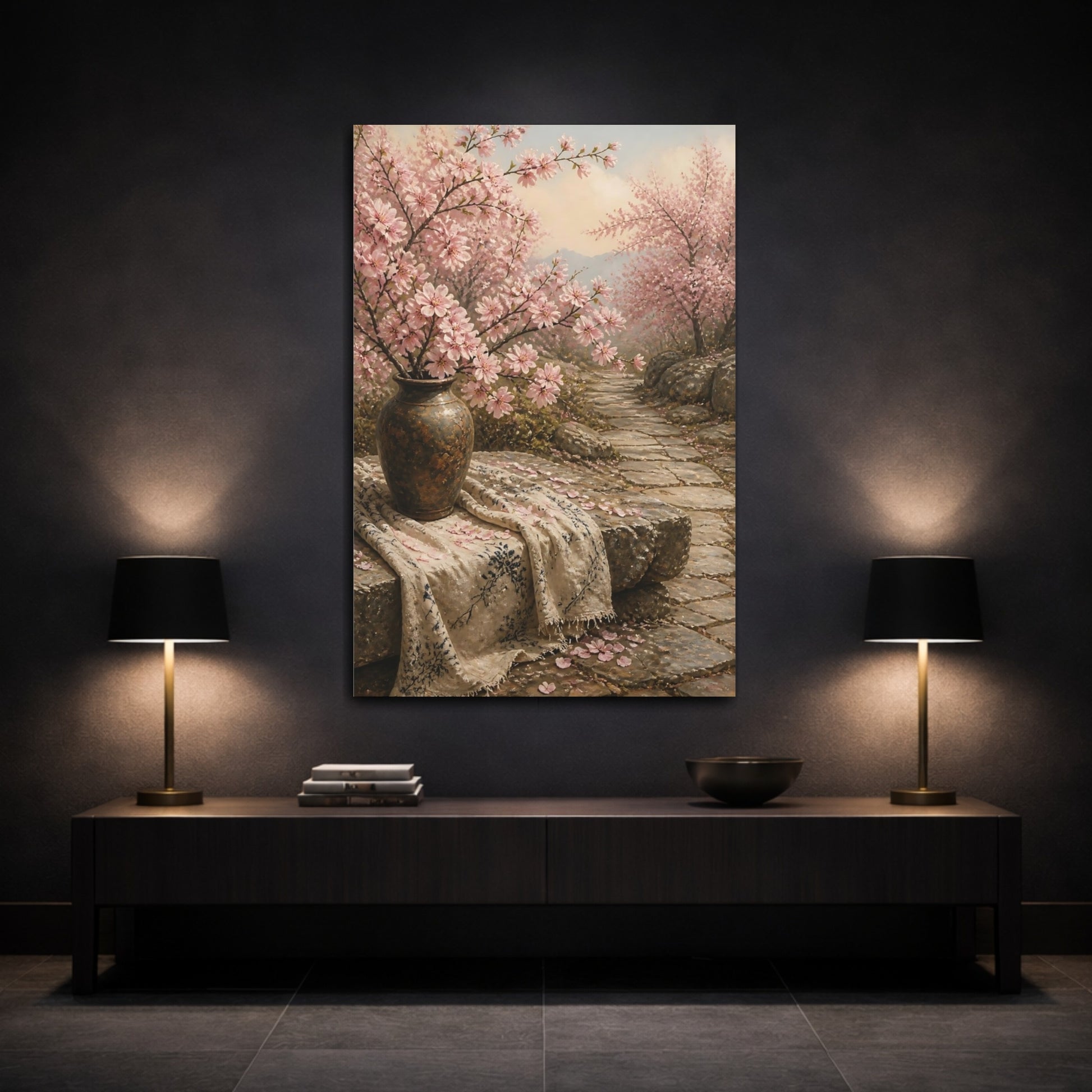 Mockup 3. Floral Cherry Blossoms Pink Cherry Blossoms shown as stretched canvas wall art