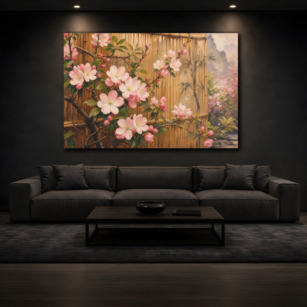 Mockup 3. Floral Cherry Blossoms Pink Cherry Blossoms shown as stretched canvas wall art