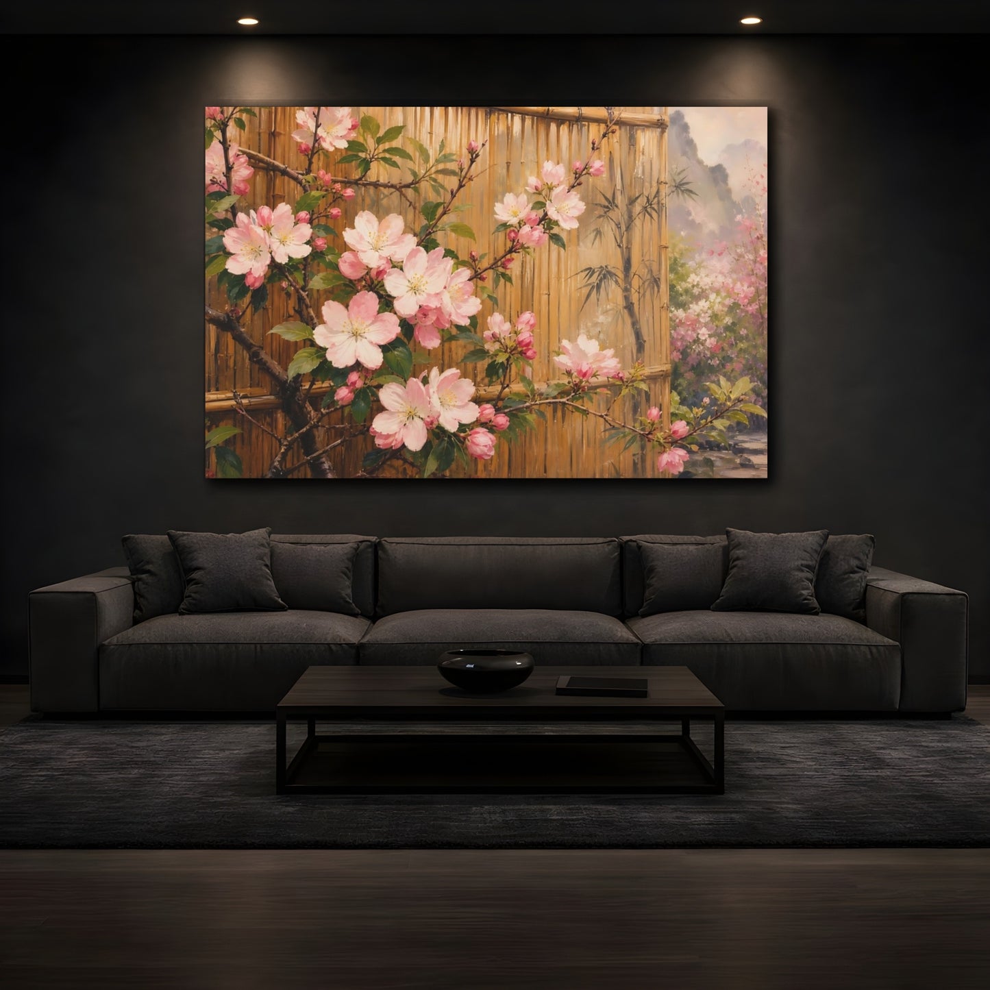 Mockup 3. Floral Cherry Blossoms Pink Cherry Blossoms shown as stretched canvas wall art