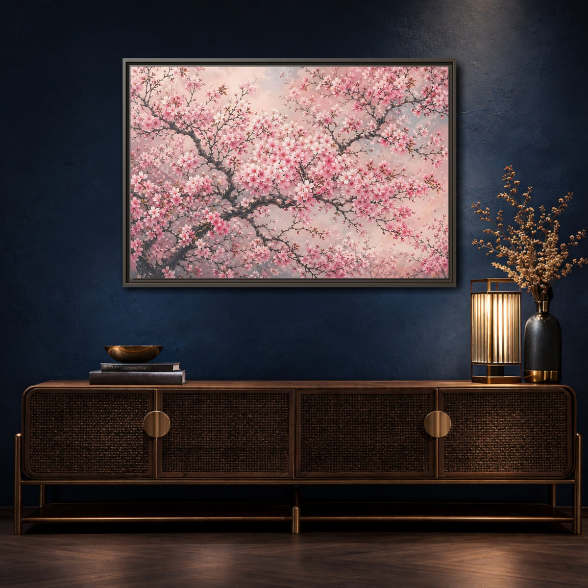 Mockup 4. Floral Cherry Blossoms Pink Cherry Blossoms shown as stretched canvas wall art