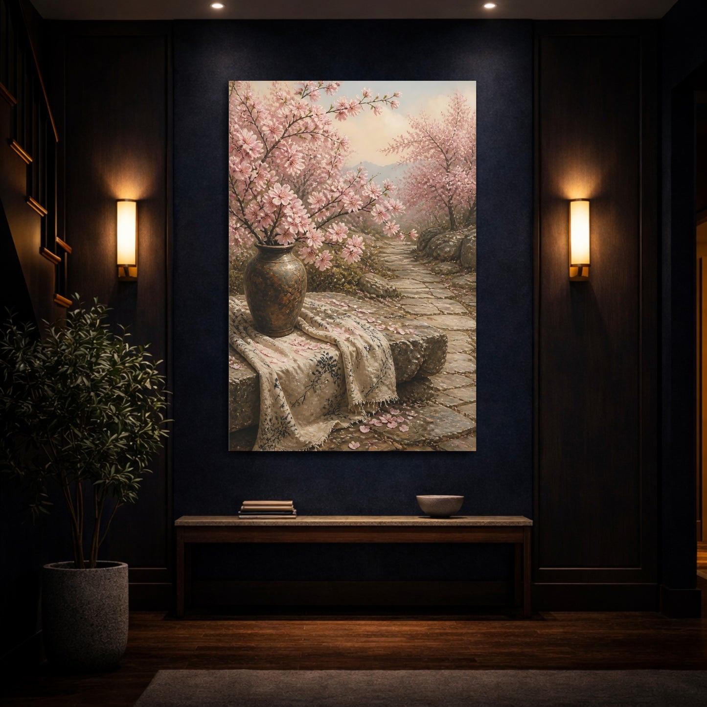 Mockup 4. Floral Cherry Blossoms Pink Cherry Blossoms shown as stretched canvas wall art