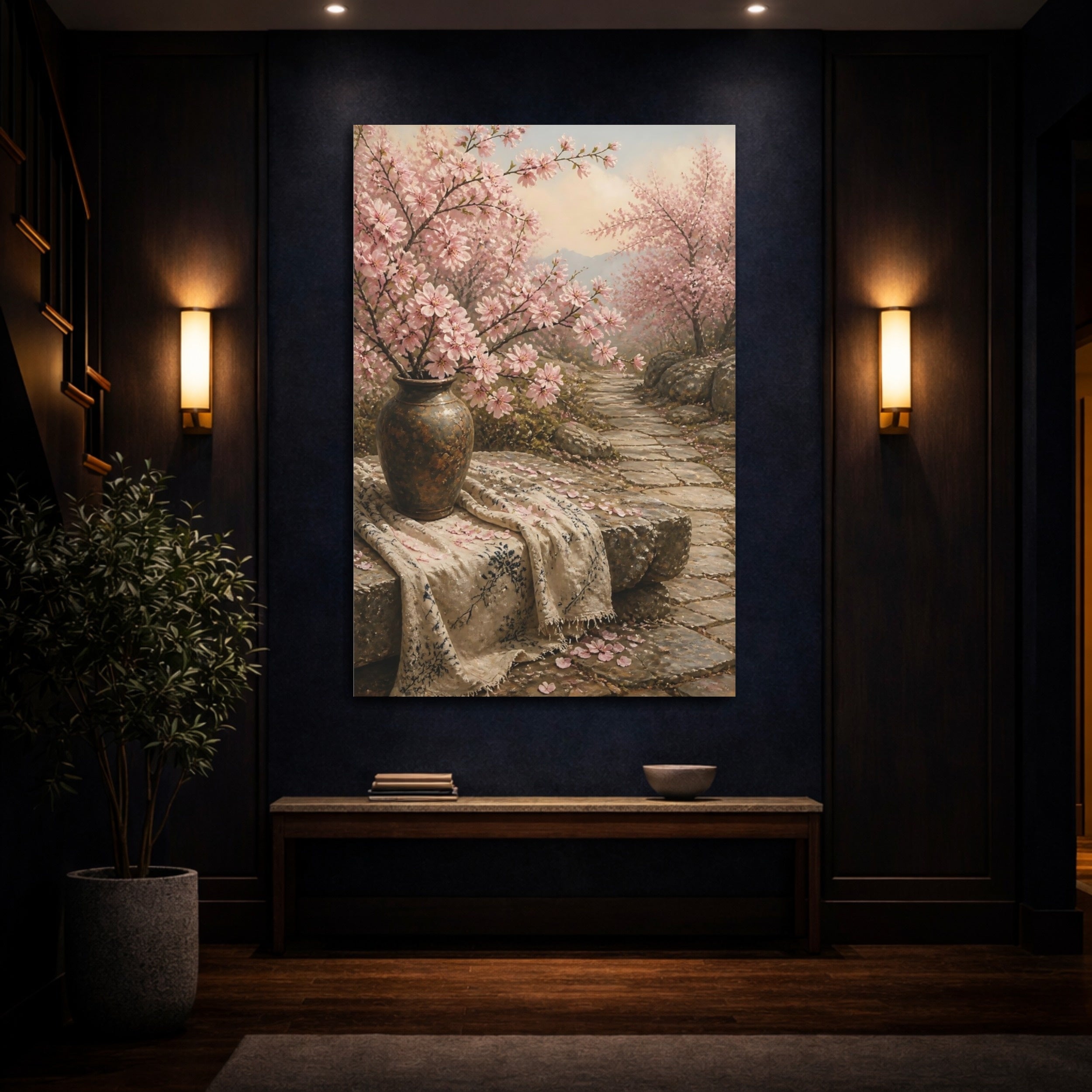 Mockup 4. Floral Cherry Blossoms Pink Cherry Blossoms shown as stretched canvas wall art