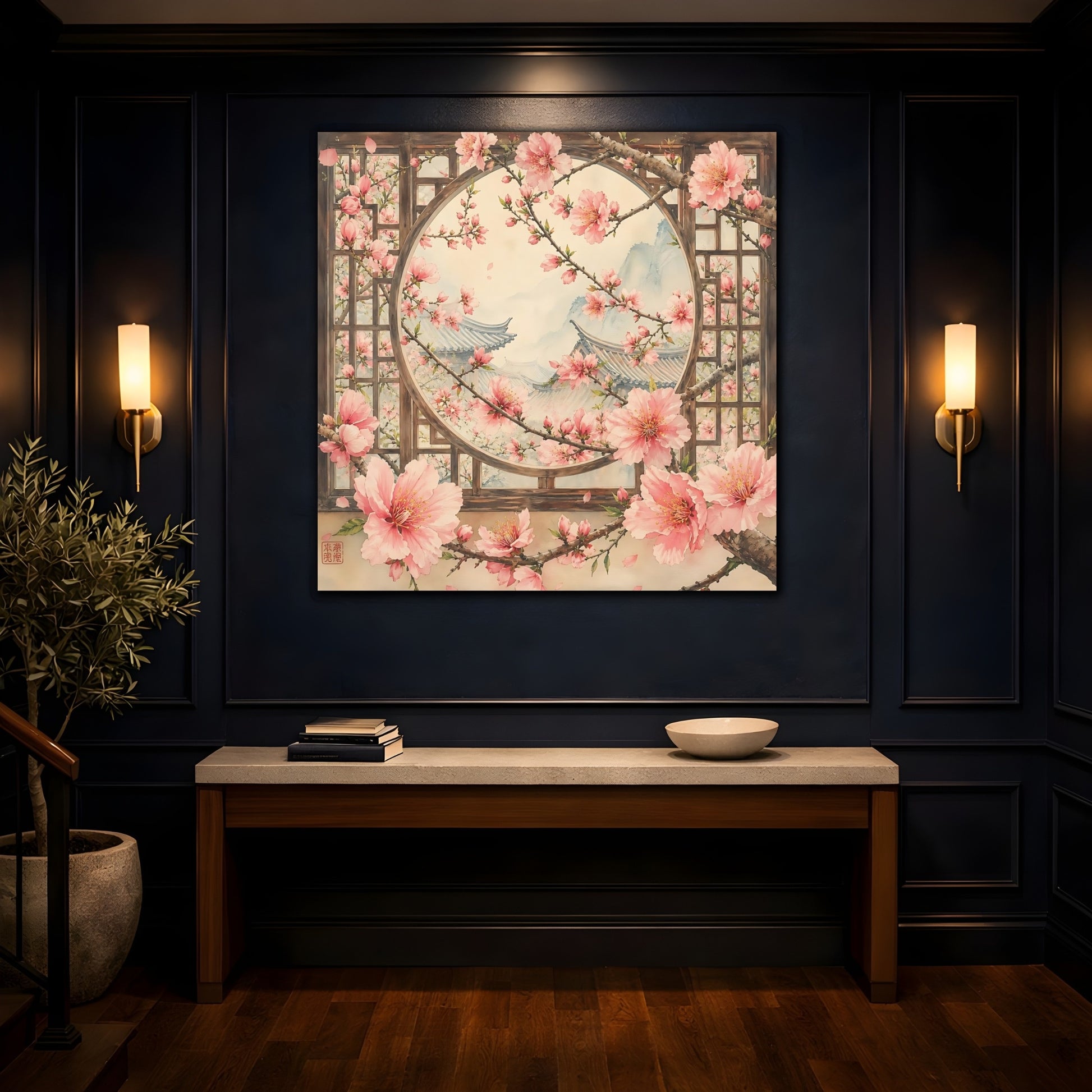Mockup 4. Floral Cherry Blossoms Pink Cherry Blossoms shown as stretched canvas wall art