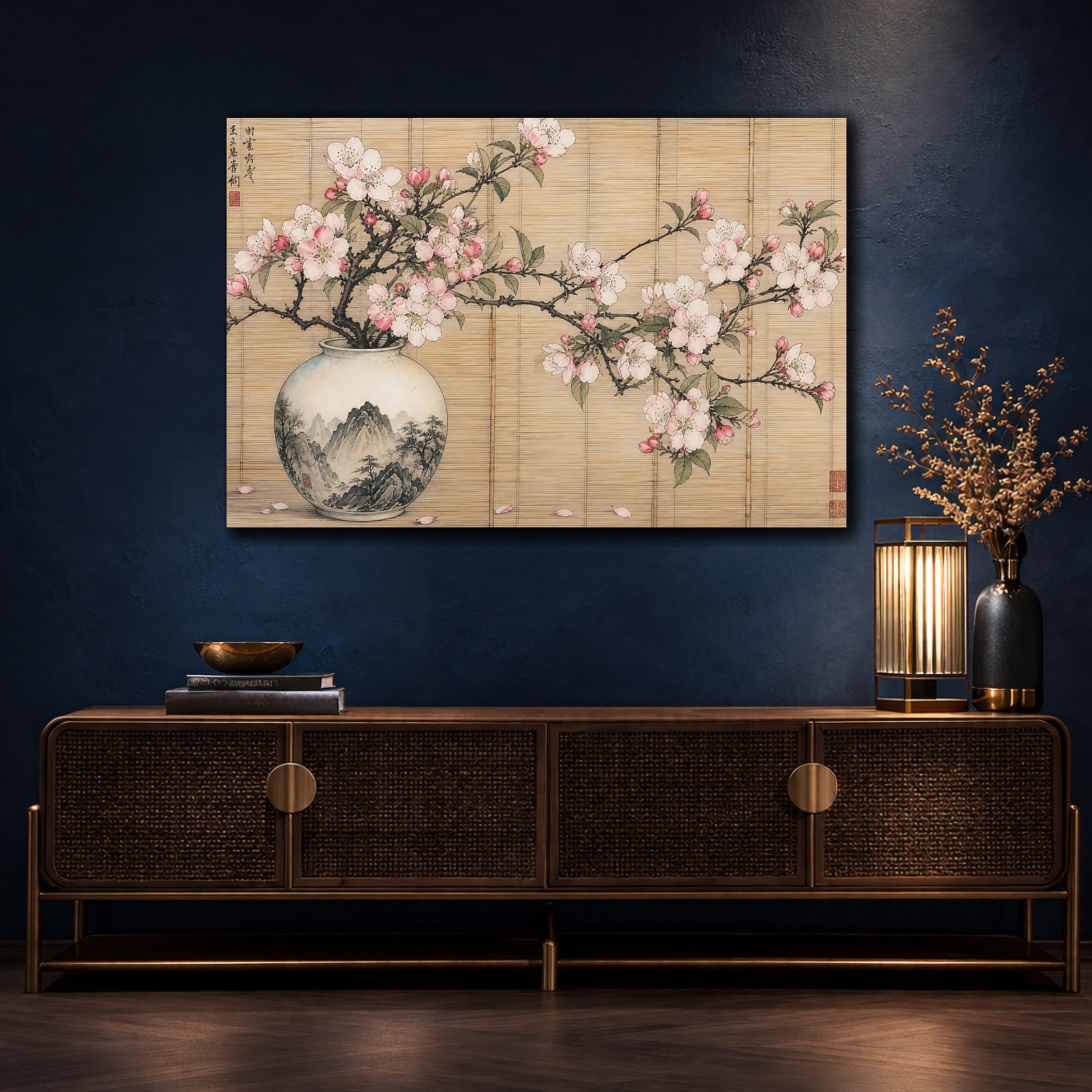 Mockup 4. Floral Cherry Blossoms Pink Cherry Blossoms shown as stretched canvas wall art
