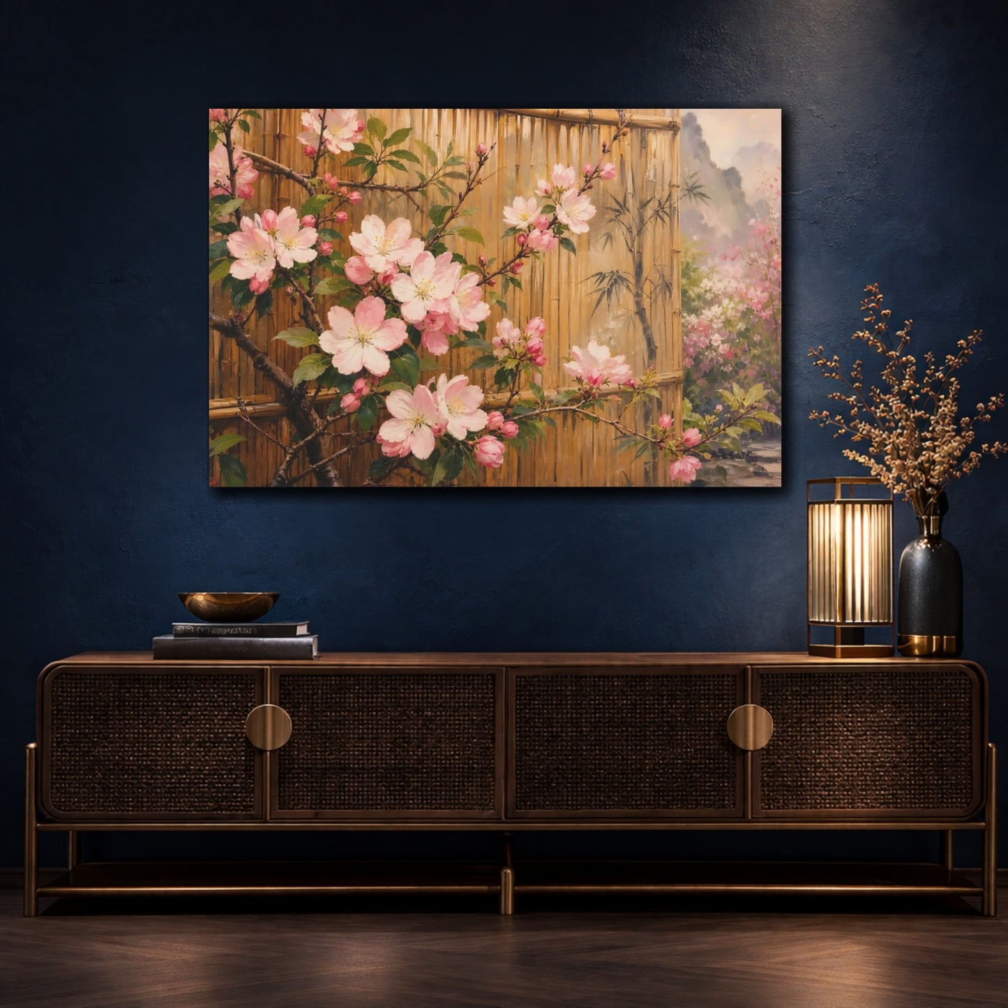 Mockup 4. Floral Cherry Blossoms Pink Cherry Blossoms shown as stretched canvas wall art