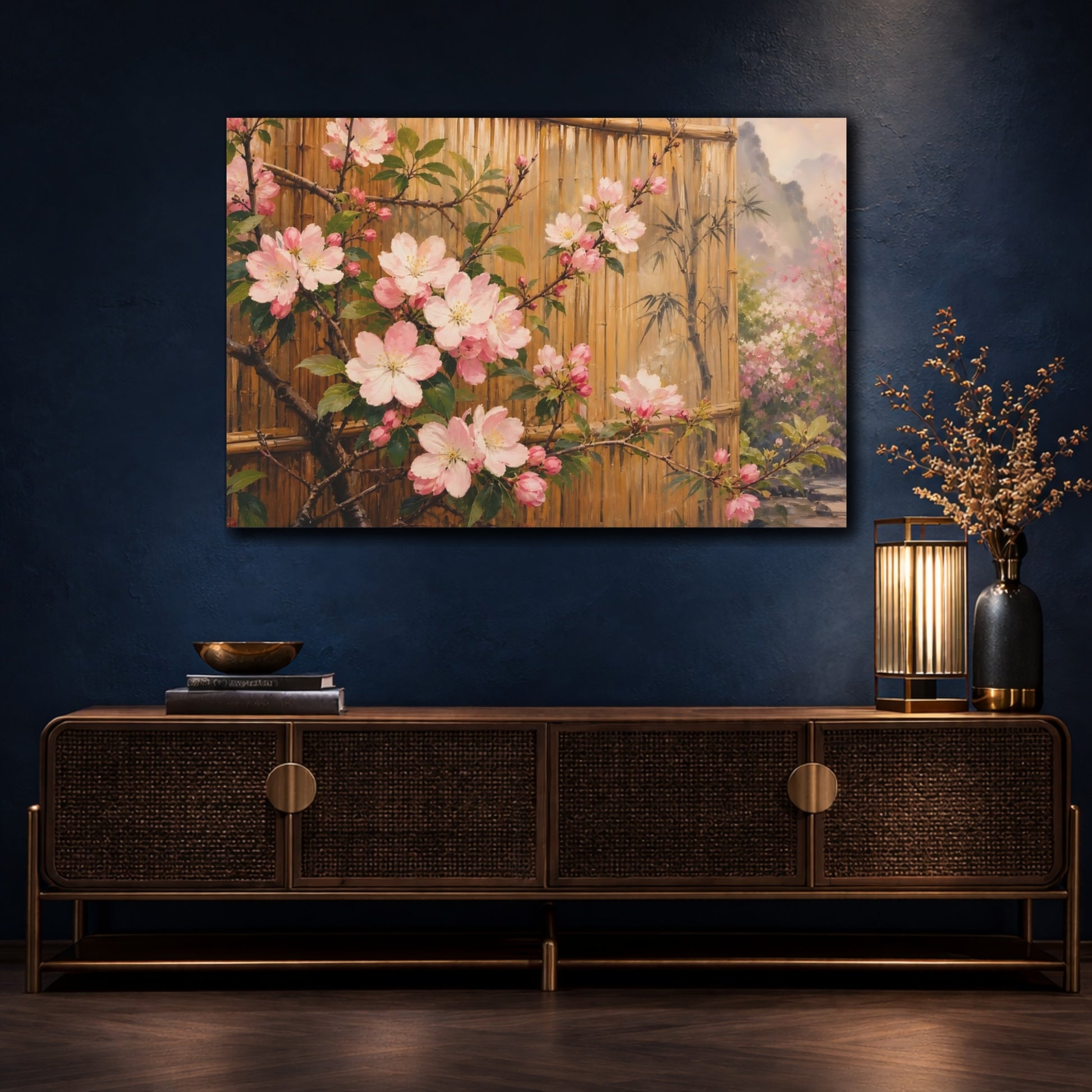 Mockup 4. Floral Cherry Blossoms Pink Cherry Blossoms shown as stretched canvas wall art