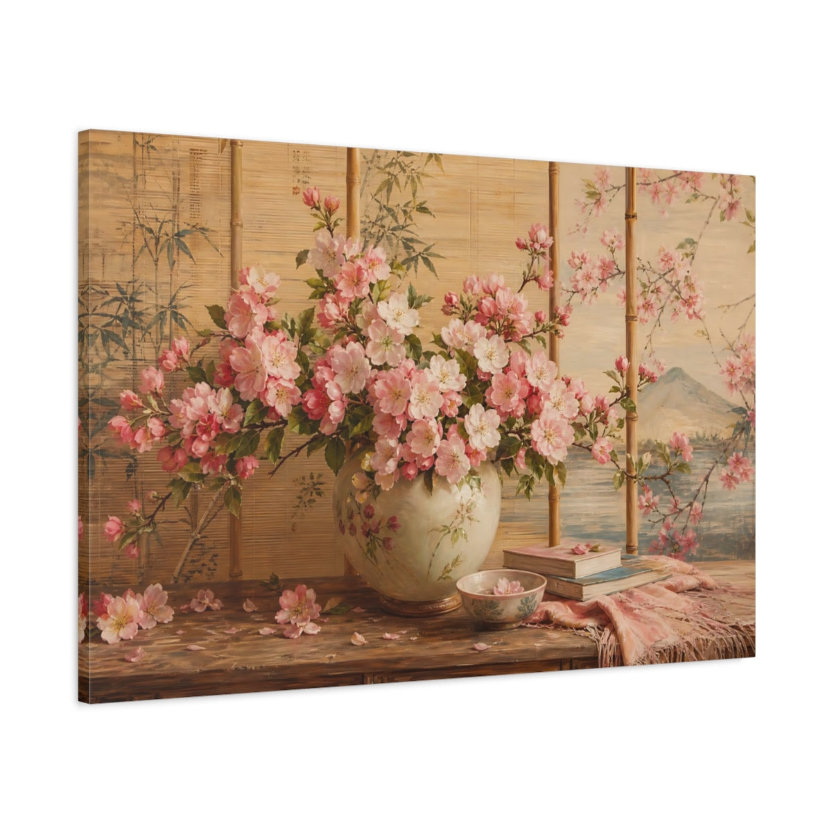 Main Mockup. Floral Cherry Blossoms Pink Floral shown as stretched canvas wall art