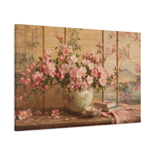 Main Mockup. Floral Cherry Blossoms Pink Floral shown as stretched canvas wall art