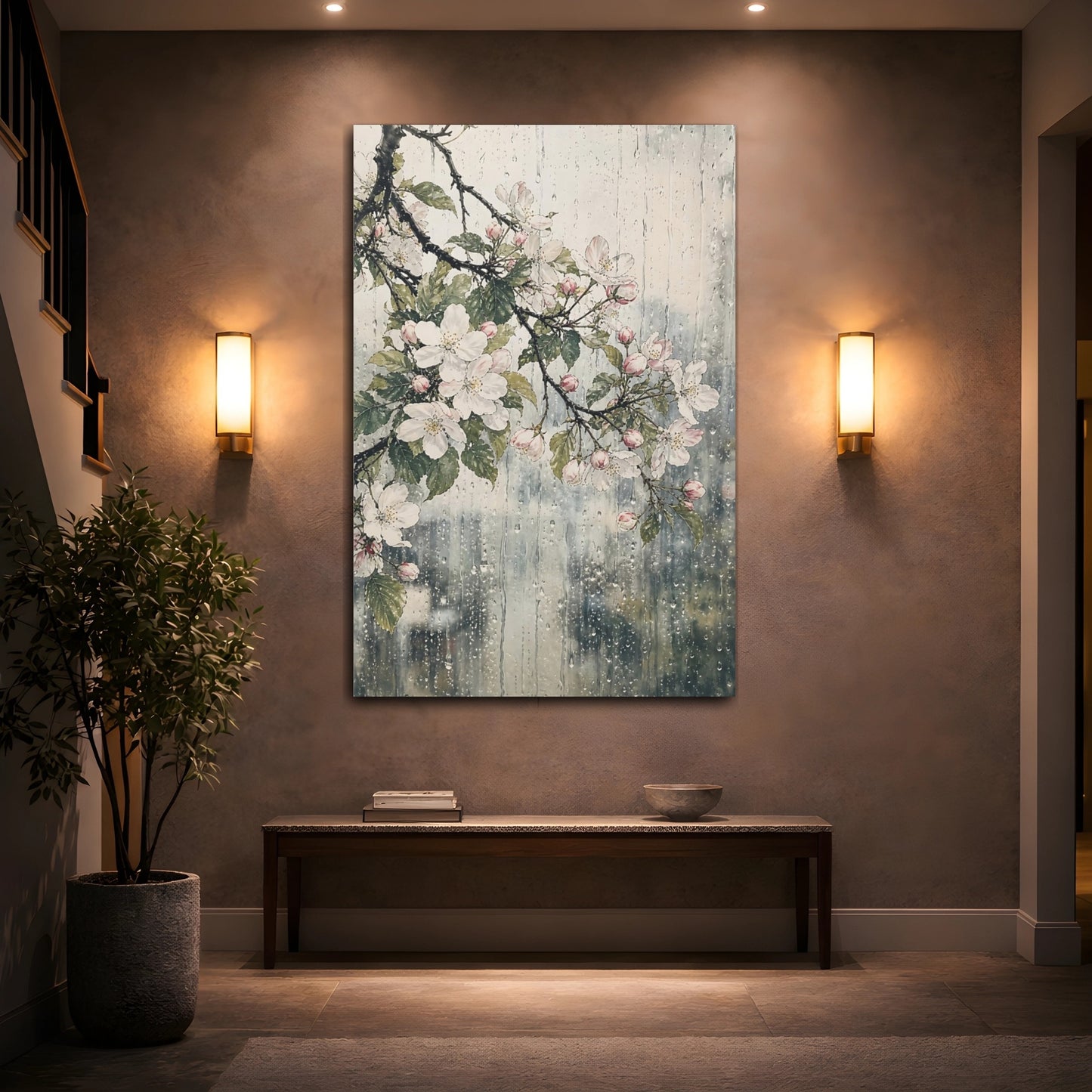 Mockup 2. Floral Cherry Blossoms Pink Floral Rain shown as stretched canvas wall art