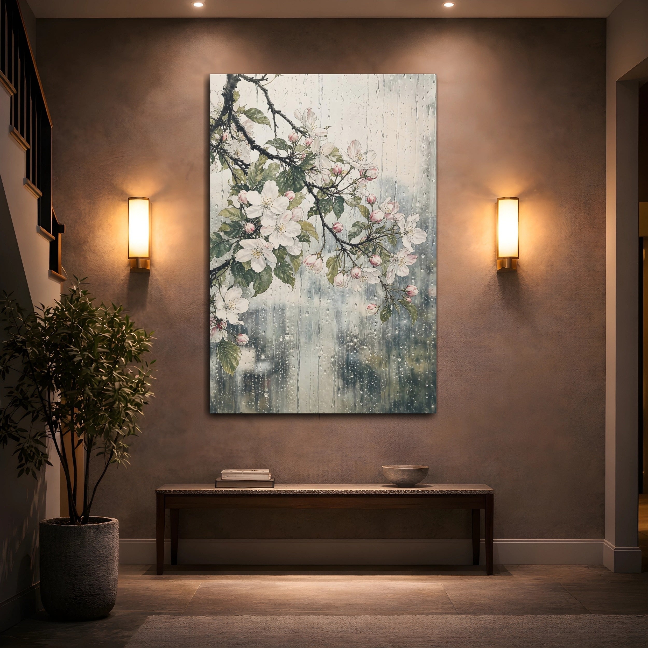 Mockup 2. Floral Cherry Blossoms Pink Floral Rain shown as stretched canvas wall art
