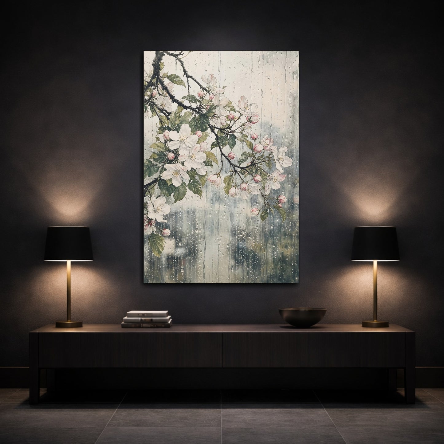 Mockup 3. Floral Cherry Blossoms Pink Floral Rain shown as stretched canvas wall art