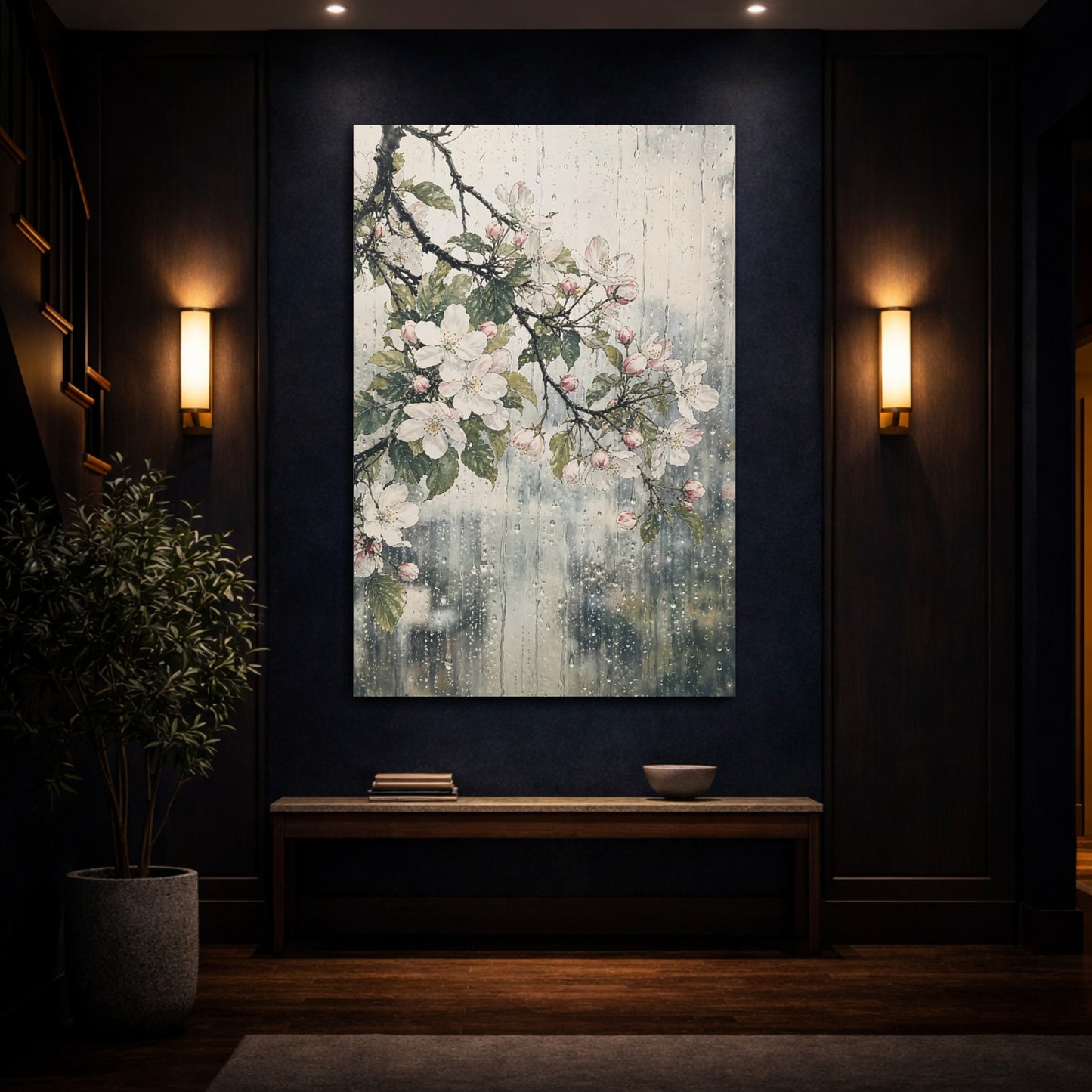 Mockup 4. Floral Cherry Blossoms Pink Floral Rain shown as stretched canvas wall art