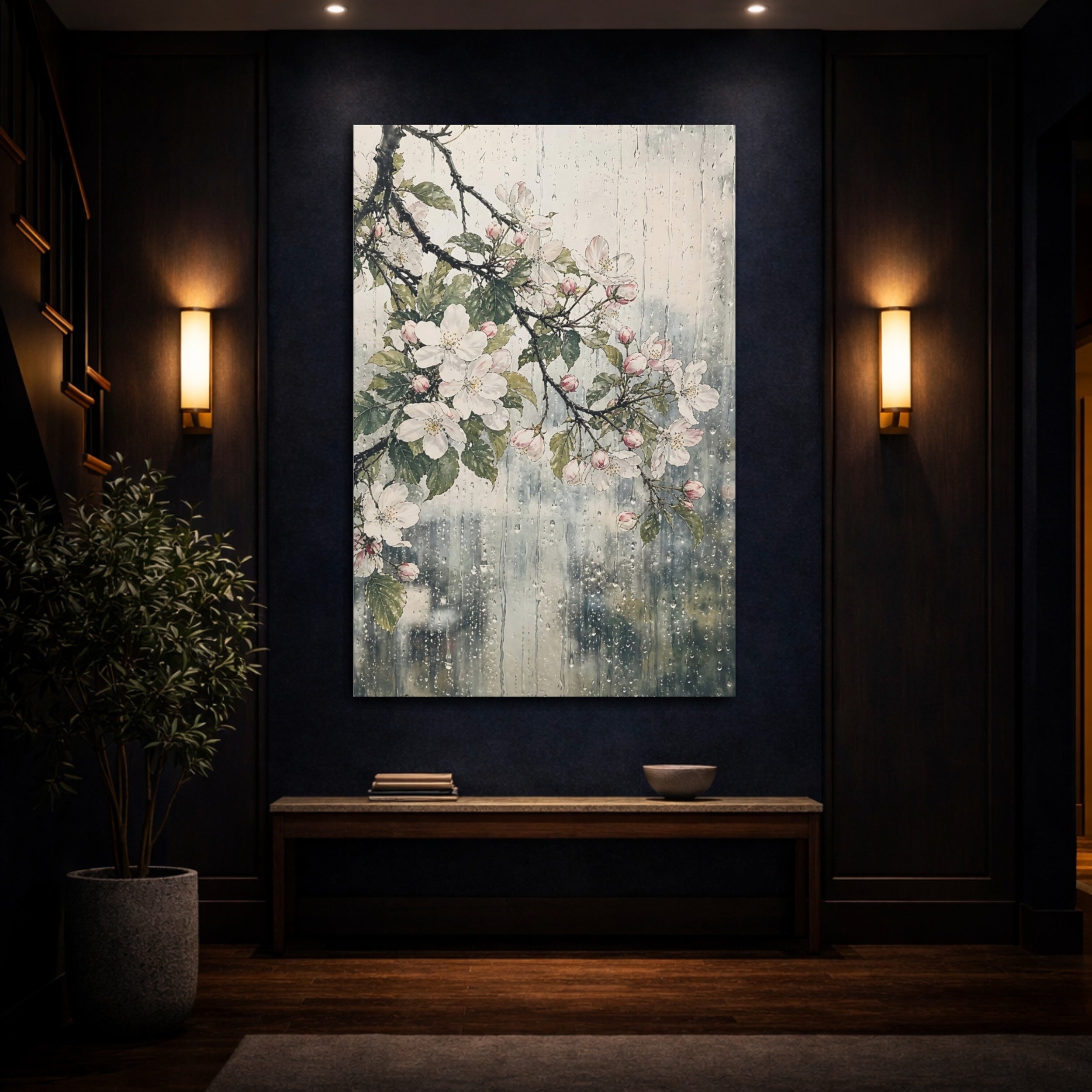 Mockup 4. Floral Cherry Blossoms Pink Floral Rain shown as stretched canvas wall art