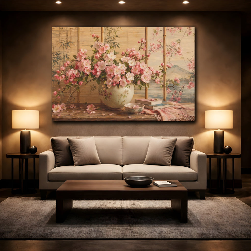 Mockup 2. Floral Cherry Blossoms Pink Floral shown as stretched canvas wall art